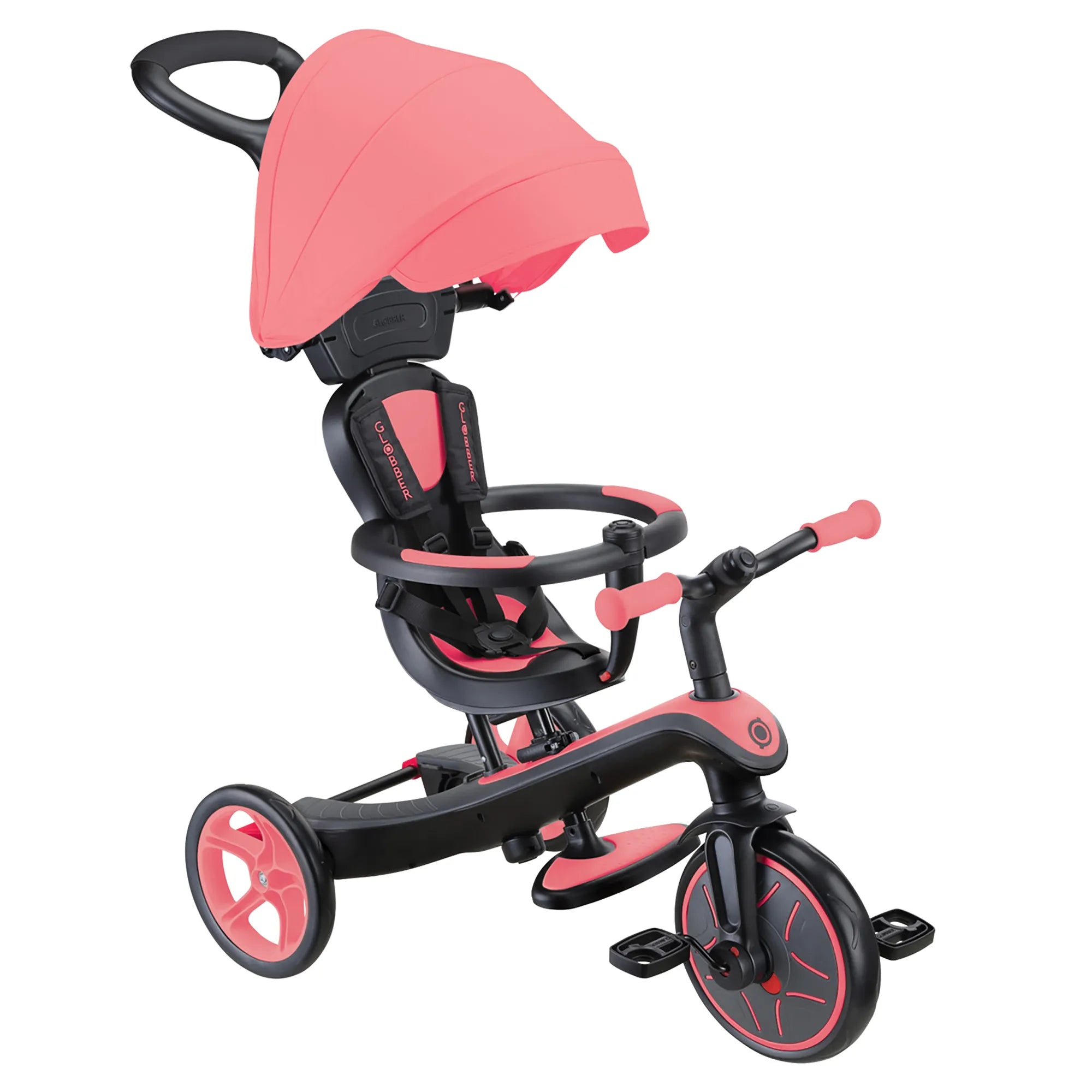 Globber Explorer Trike 4 in 1 Infant Trike Mode Learning Trike Learning Bike New Model Coral Pink Colour Front Right View