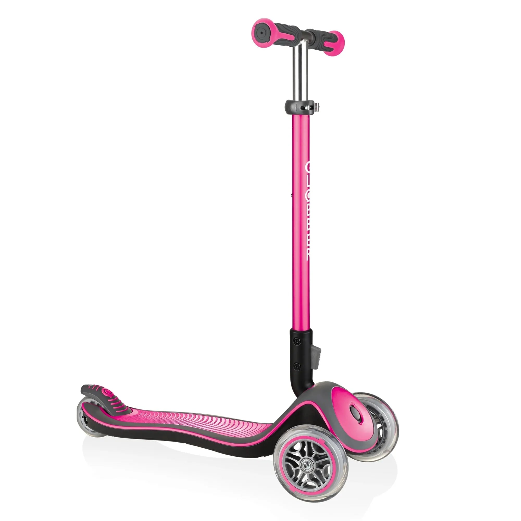 Globber elite deluxe adjustable 3 wheel scooter grows with kids ages 3 years to 9 plus neon pink front right view.