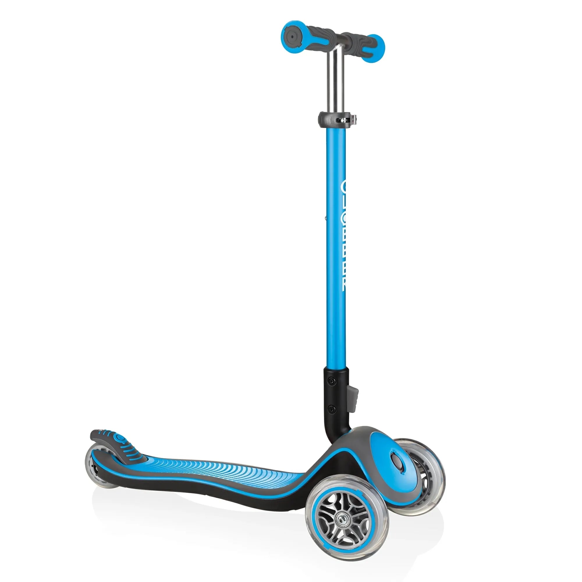 Globber elite deluxe adjustable 3 wheel scooter grows with kids ages 3 years to 9 plus sky blue front right view.