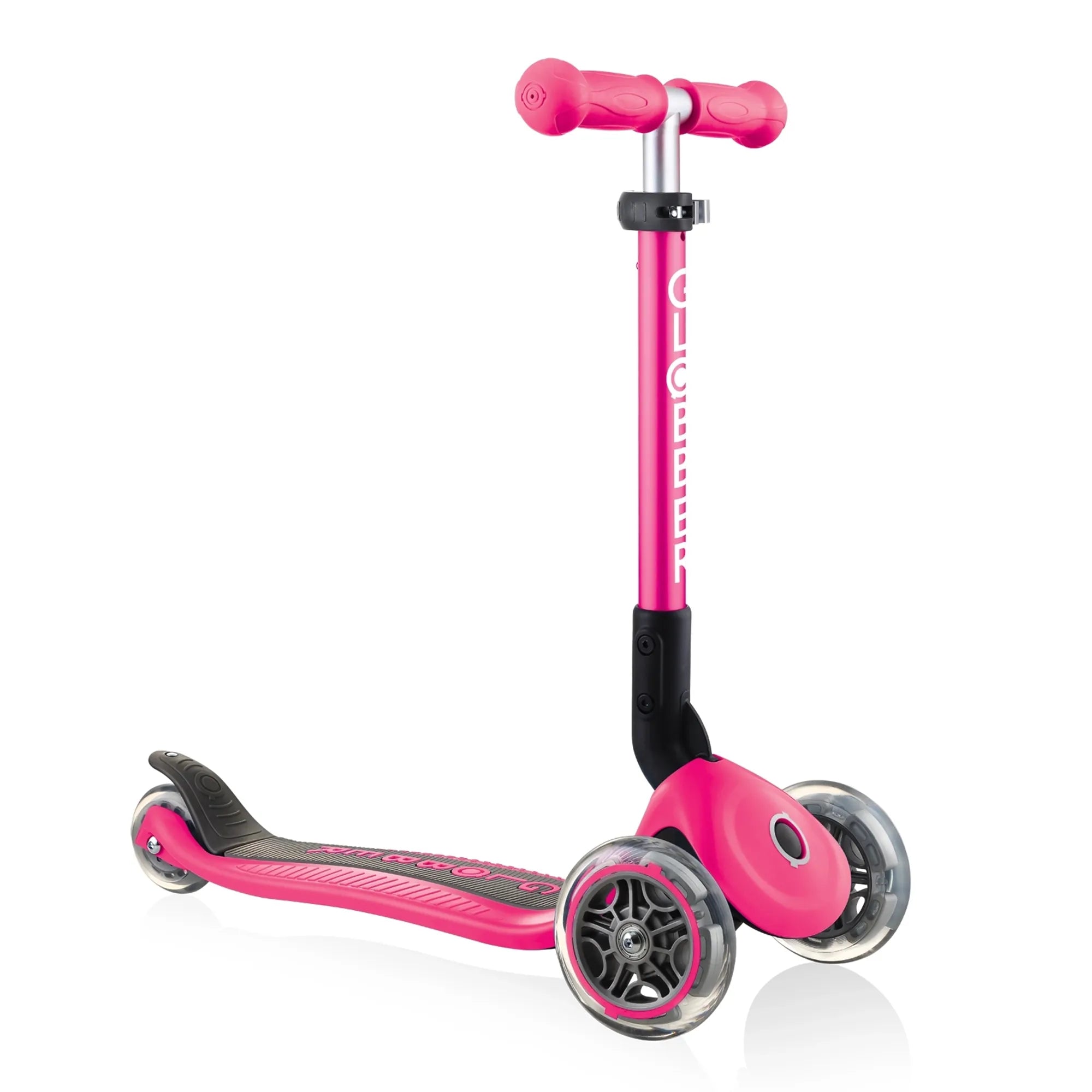 Globber junior foldable and adjustable 3 wheel scooter grows with kids ages 2 years to 6 plus deep pink front right view.