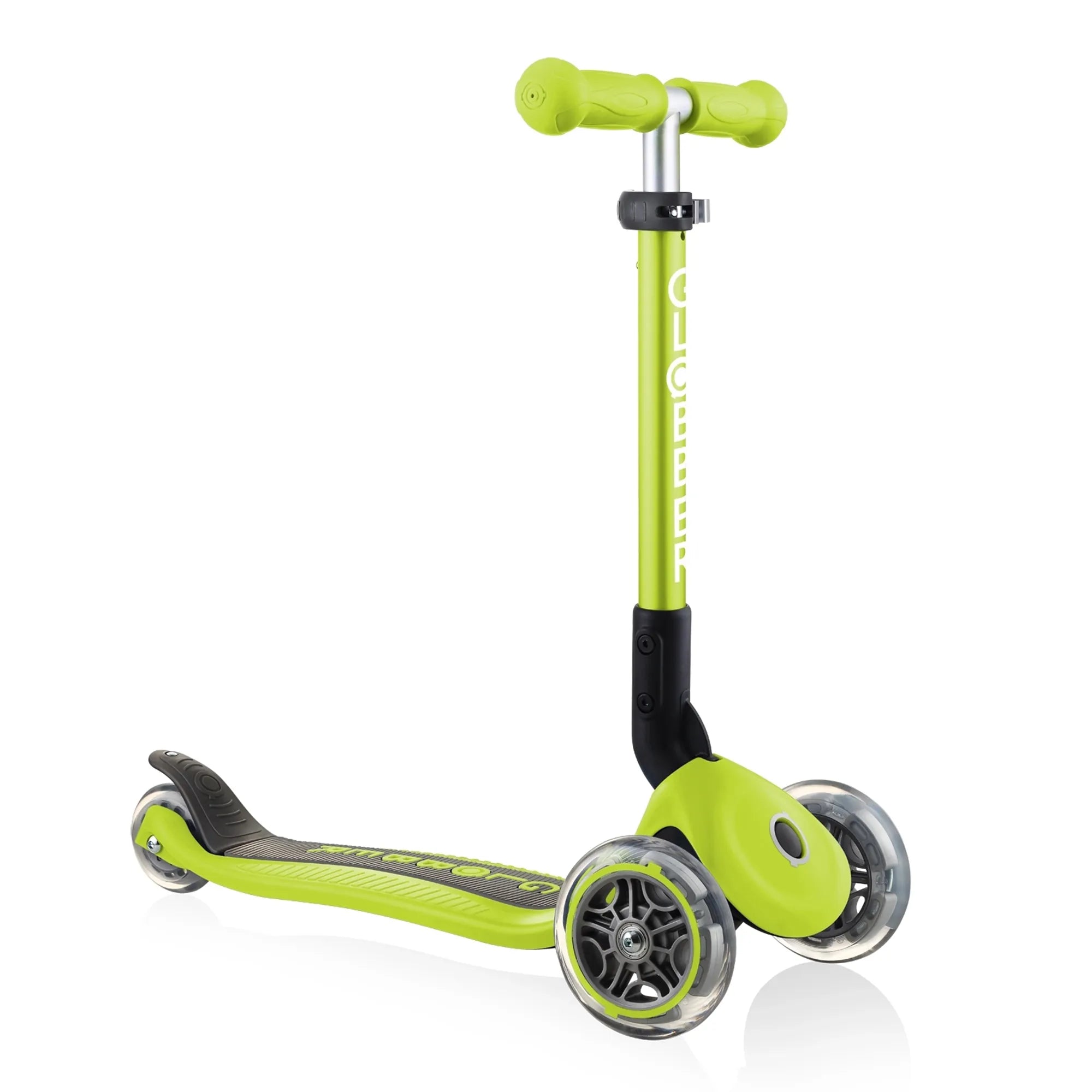 Globber junior foldable and adjustable 3 wheel scooter grows with kids ages 2 years to 6 plus lime green front right view.