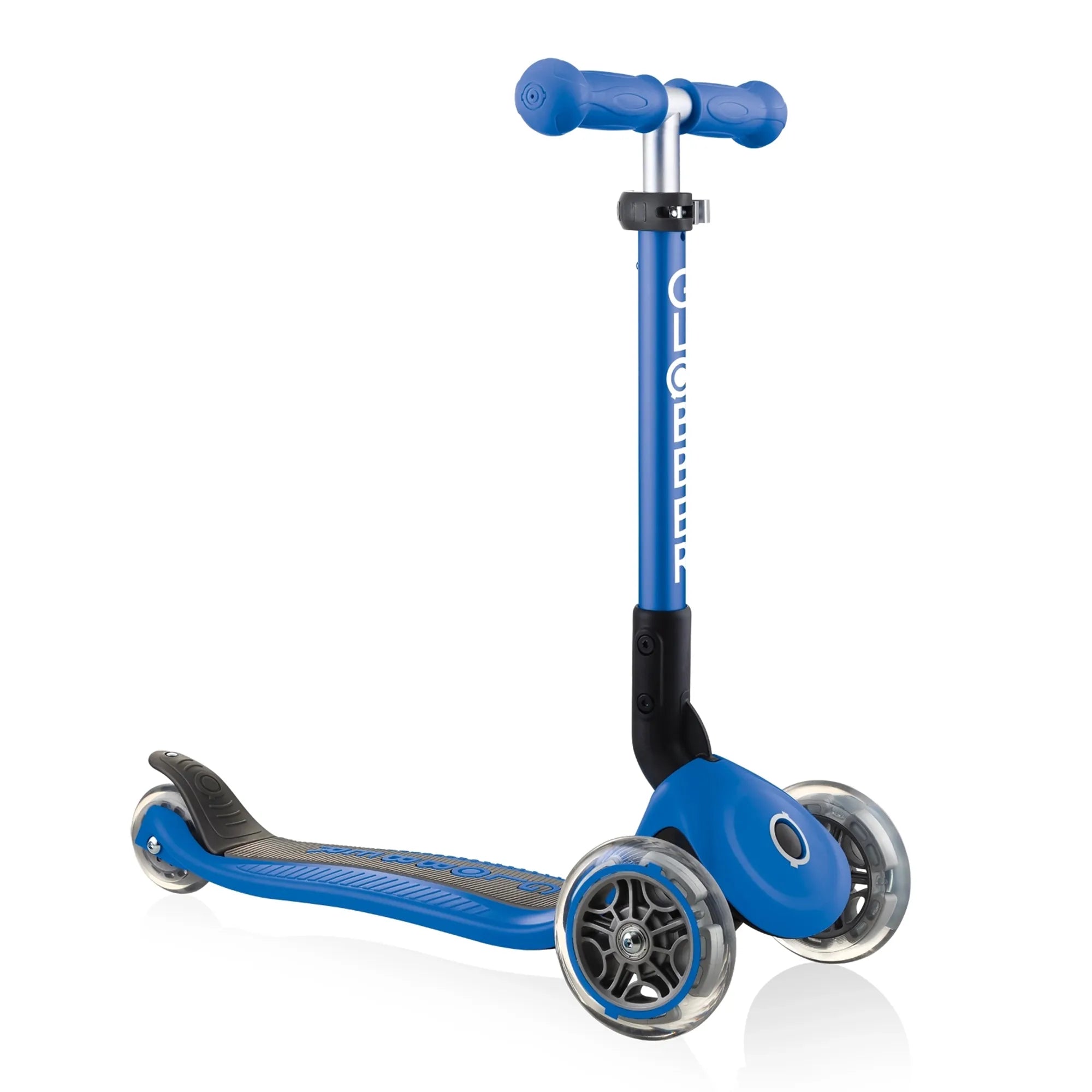 Globber junior foldable and adjustable 3 wheel scooter grows with kids ages 2 years to 6 plus navy blue front right view.