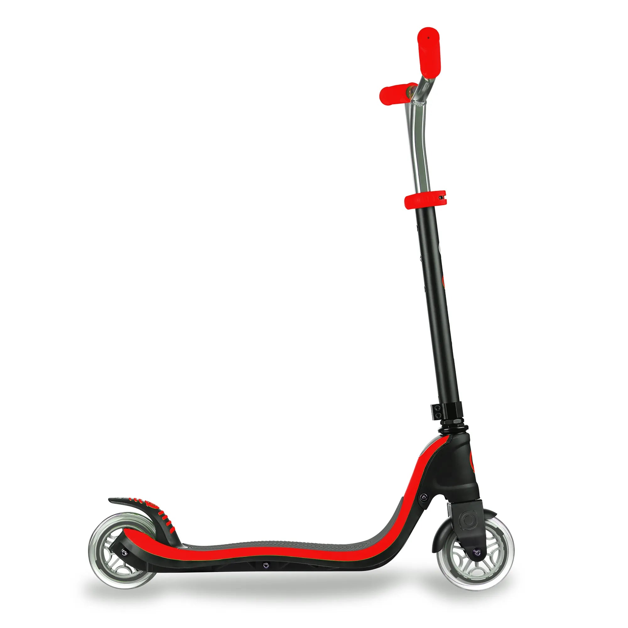 Globber flow 125 adjustable scooter black and red ages 6 to adult side view displaying its stylish shape and design.