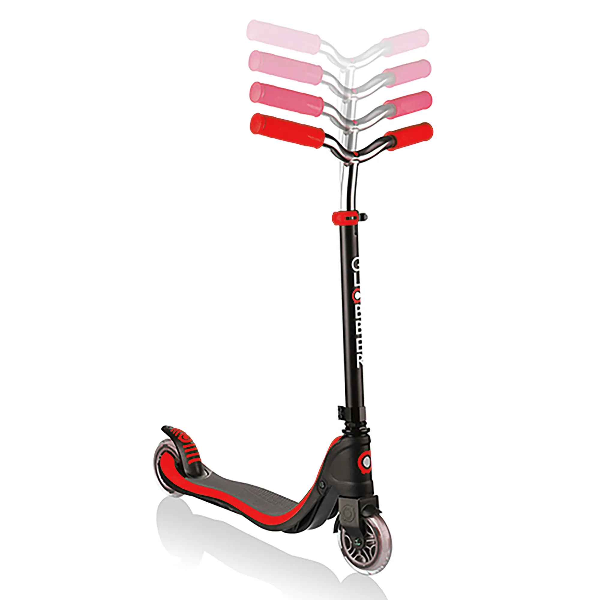 Globber flow 125 scooter black and red front right view displaying its 4 height adjustable aluminum t bar.
