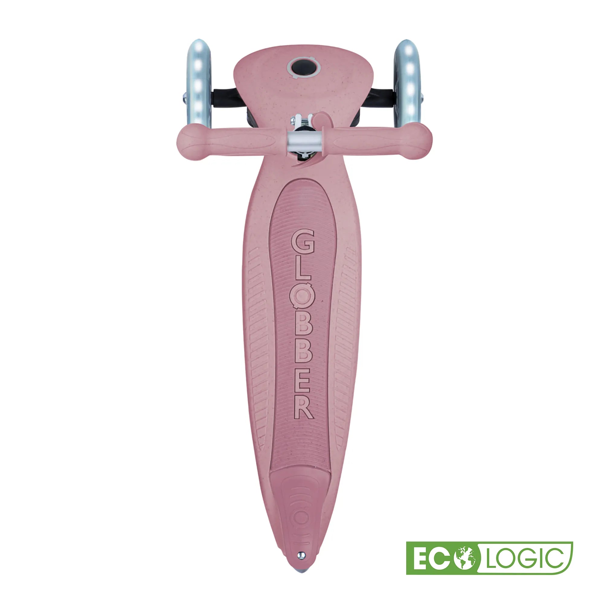 Globber junior foldable ecologic light up 3 wheel scooter berry pink top view of wide anti slip deck with ecologic logo.