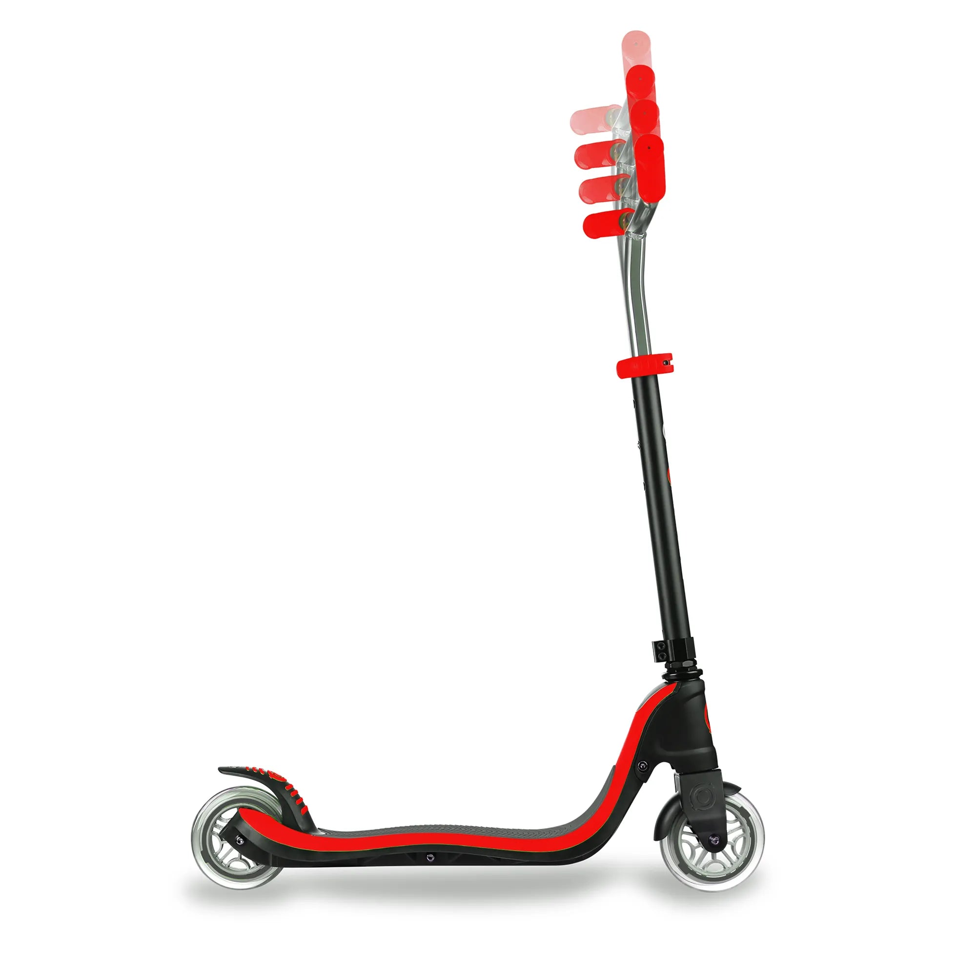 Globber flow 125 scooter black and red side view displaying its 4 height adjustable aluminum t bar.