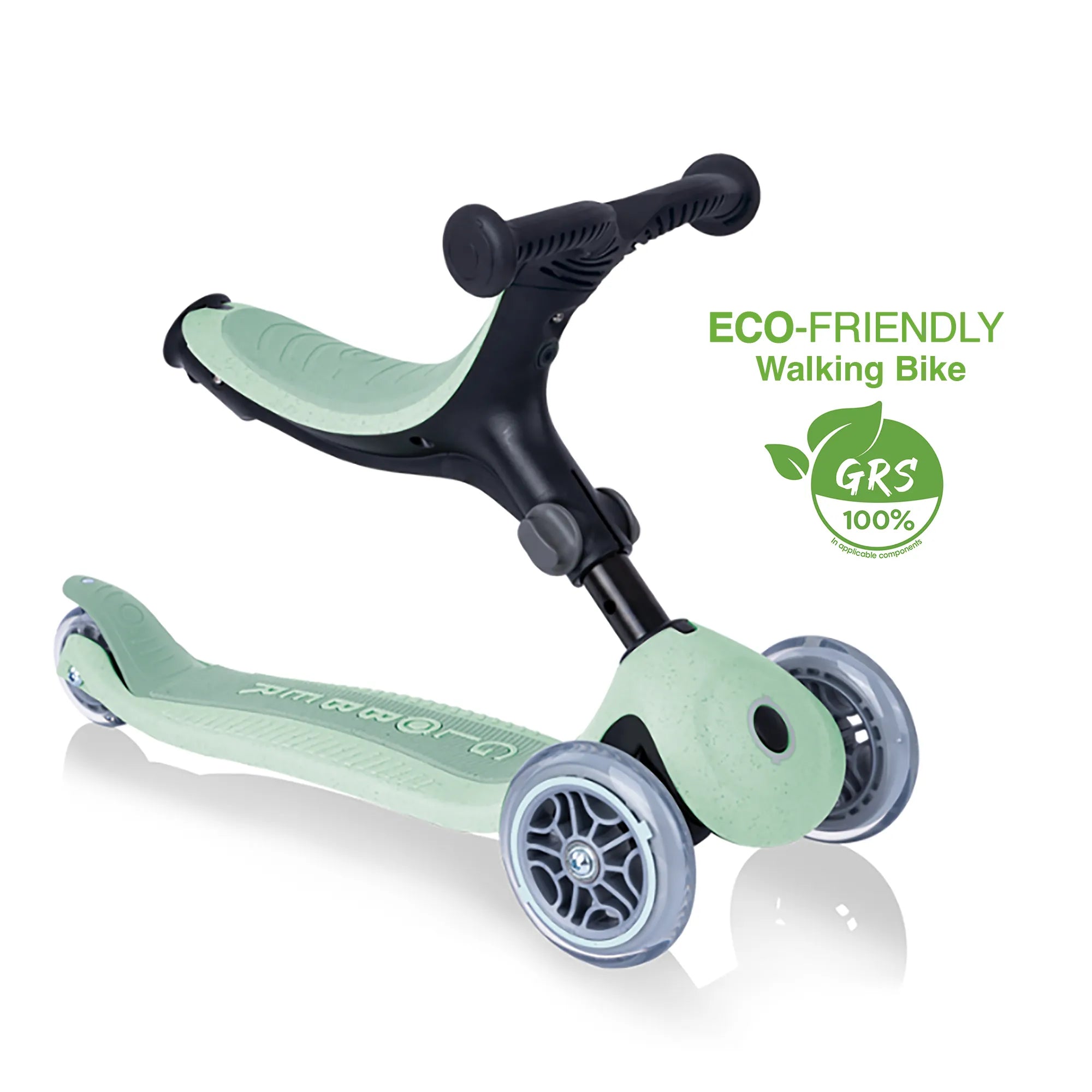 Globber GO•UP Foldable PLUS Ecologic 3-in-1 - Pistachio Green - Planet-Friendly Fun - Ages 15m-7+ yrs