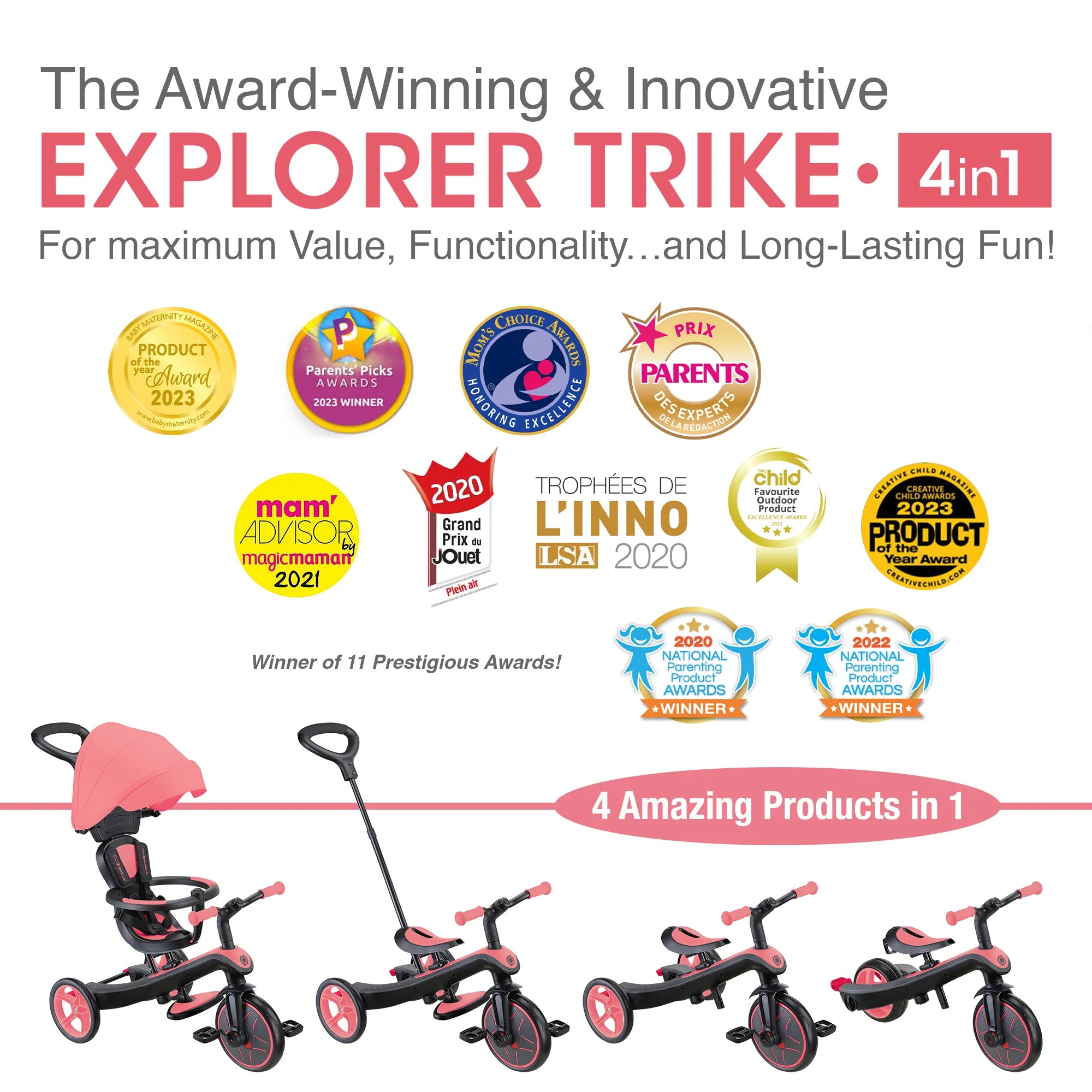 Explorer Trike 4 in 1 All Four Modes Displayed With 11 Prestigious Awards Won New Model Coral Pink Colour Front Right Views