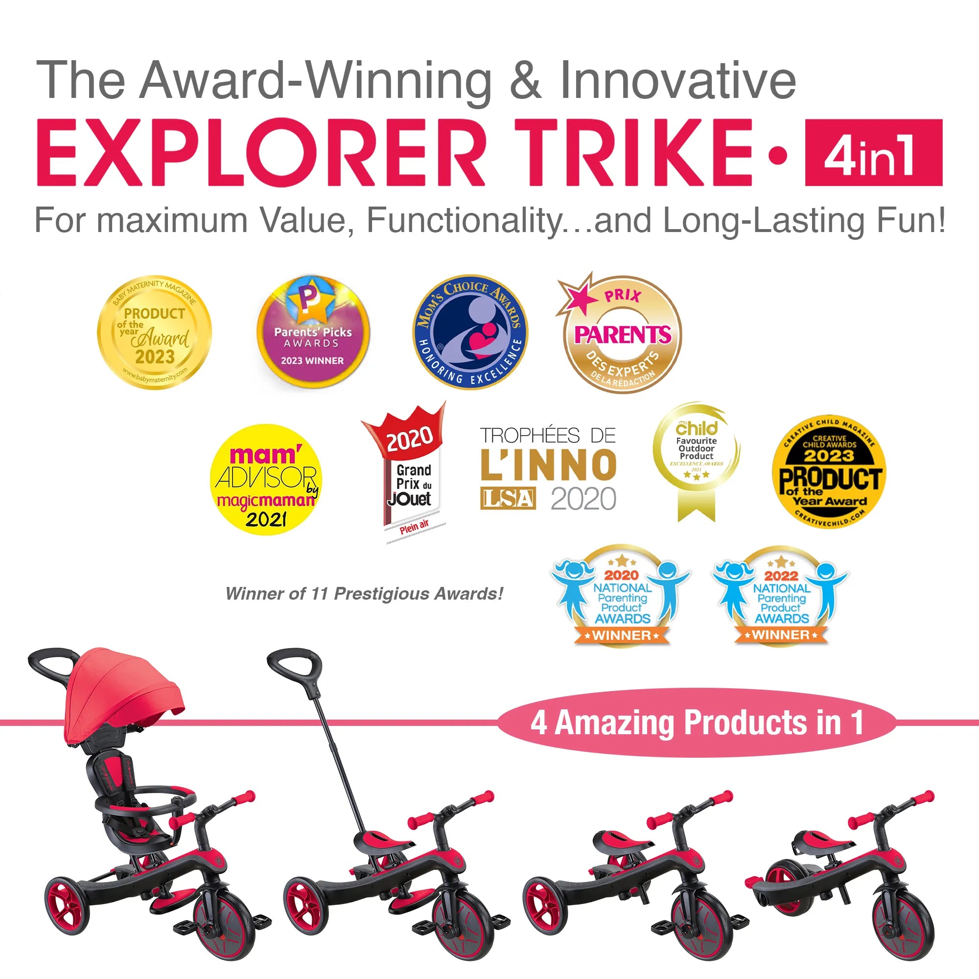 Explorer Trike 4 in 1 All Four Modes Displayed With 11 Prestigious Awards Won New Model New Red Colour Front Right Views