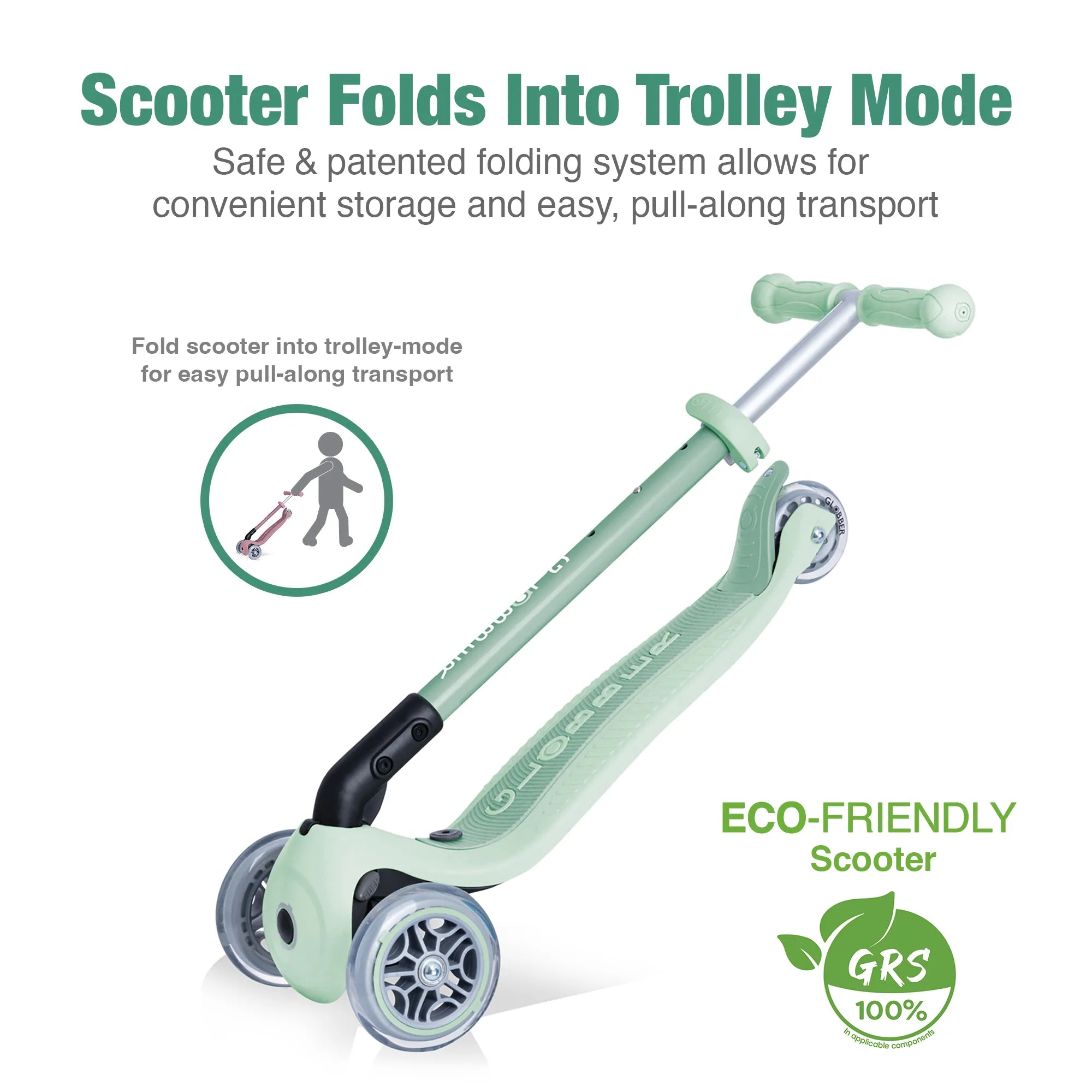 Globber GO•UP Foldable PLUS Ecologic 3-in-1 - Pistachio Green - Planet-Friendly Fun - Ages 15m-7+ yrs