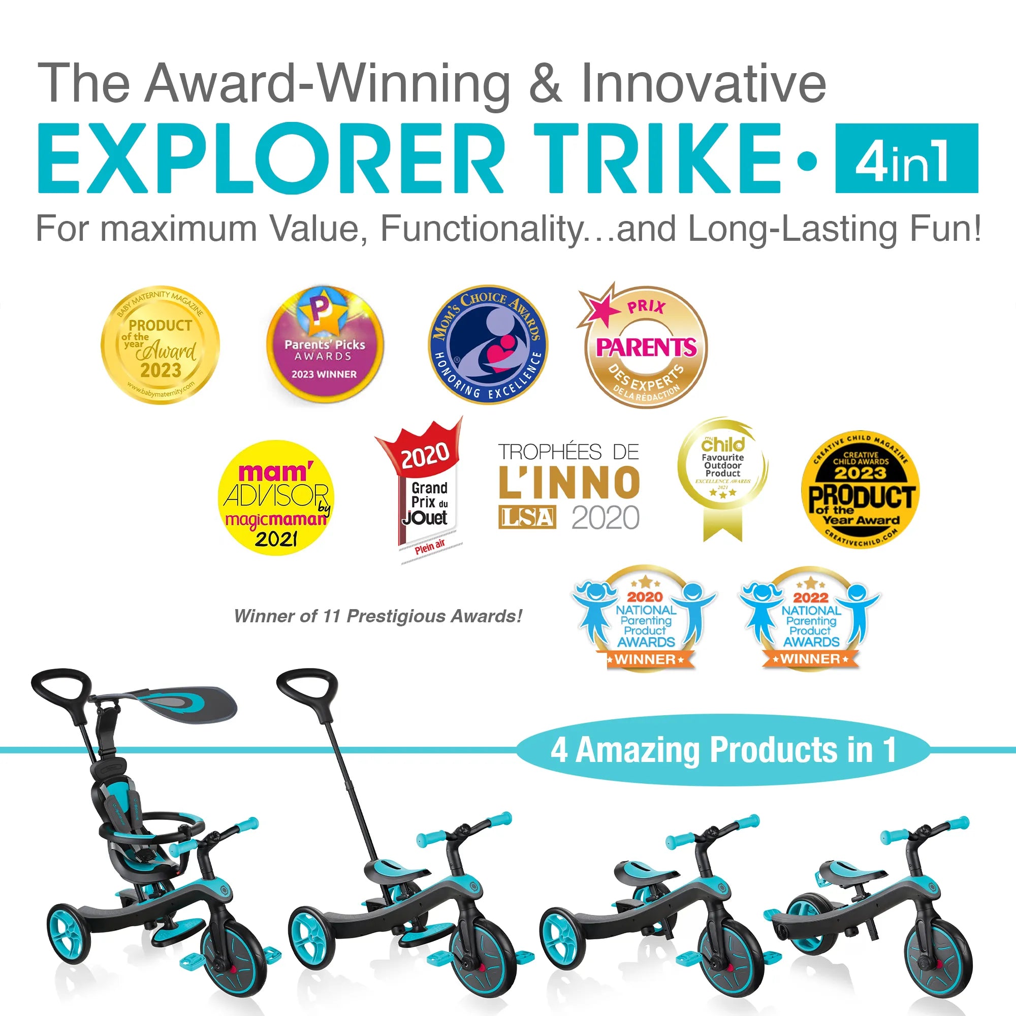 Explorer Trike 4 in 1 All Four Modes Displayed With 11 Prestigious Awards Won Teal Colour Front Right Views