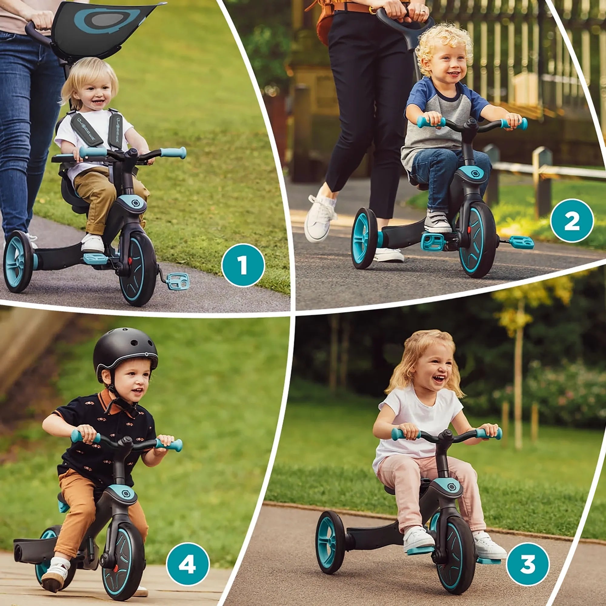 Explorer Trike 4 in 1 All Four Modes Showing Each with a Happy Child Rider New Model New Red Colour Front Right Views