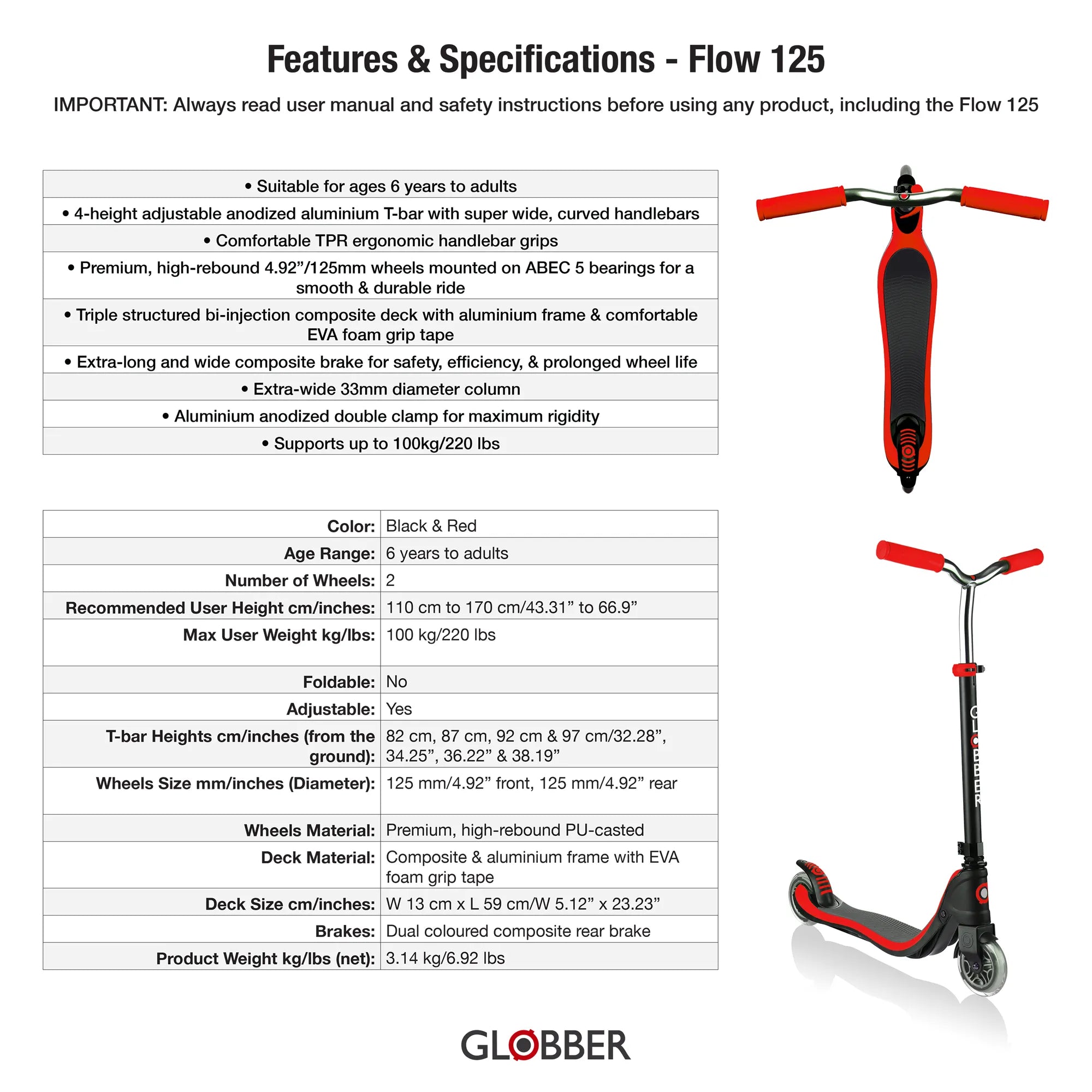 Table chart listing the many premium features and specs of the flow 125 scooter. Black and red model shown.