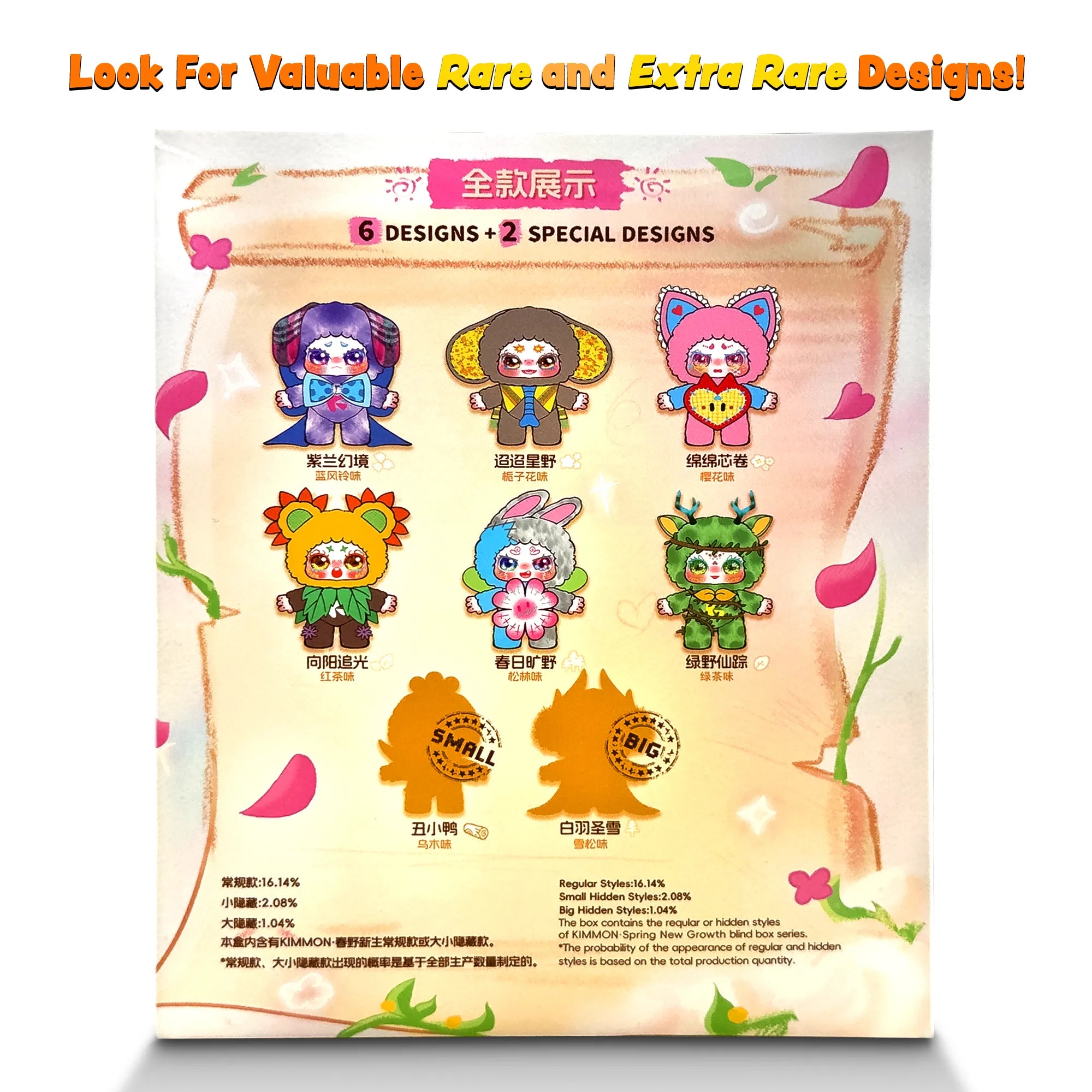 Kimmon Spring New Growth package side panel with the 6 visible plush dolls and the extra-rare and ultra-rare mystery dolls.