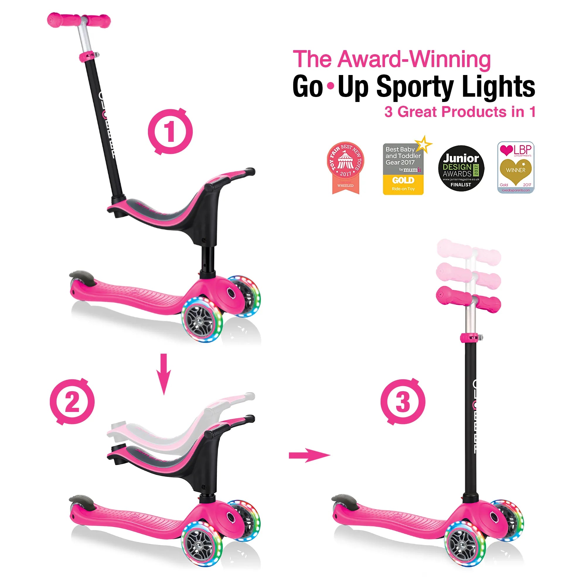 Globber GO•UP Sporty Lights - Deep Pink - Ages 15m-7+ yrs - Brown's Hobby & Game