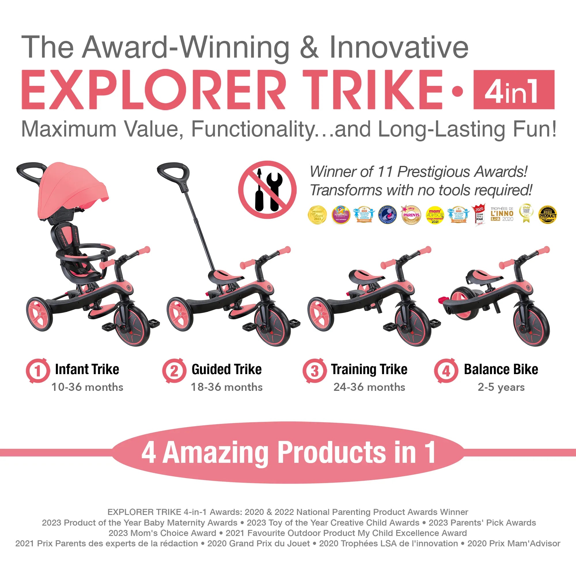 Explorer Trike 4 in 1 Infant Trike Guided Trike Learning Trike Balance Bike New Model Coral Pink Colour Front Right Views