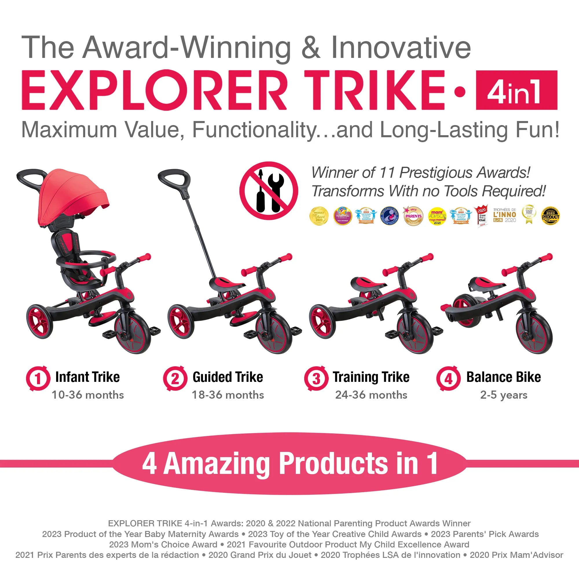 Explorer Trike 4 in 1 Infant Trike Guided Trike Learning Trike Balance Bike New Model New Red Colour Front Right Views