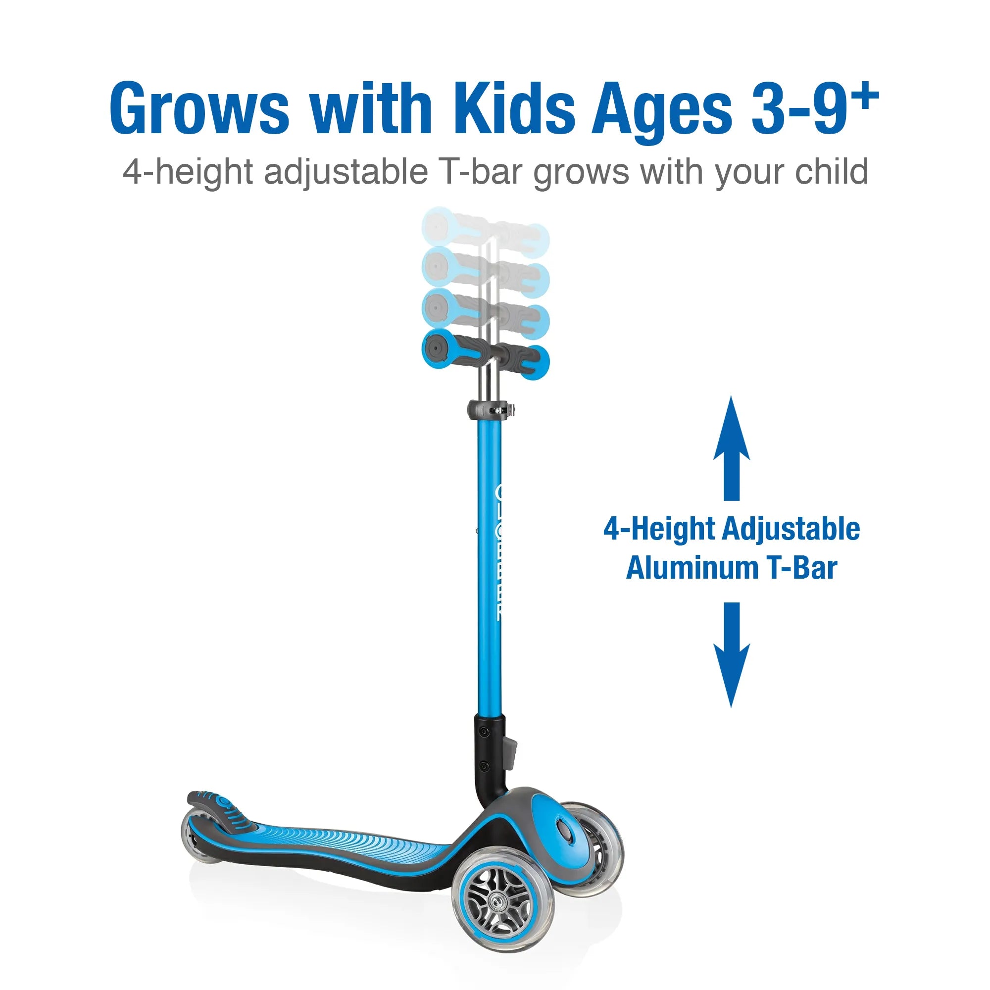 Globber elite deluxe and adjustable 3 wheel scooter sky blue front right view displaying its 4 height adjustable t bar.