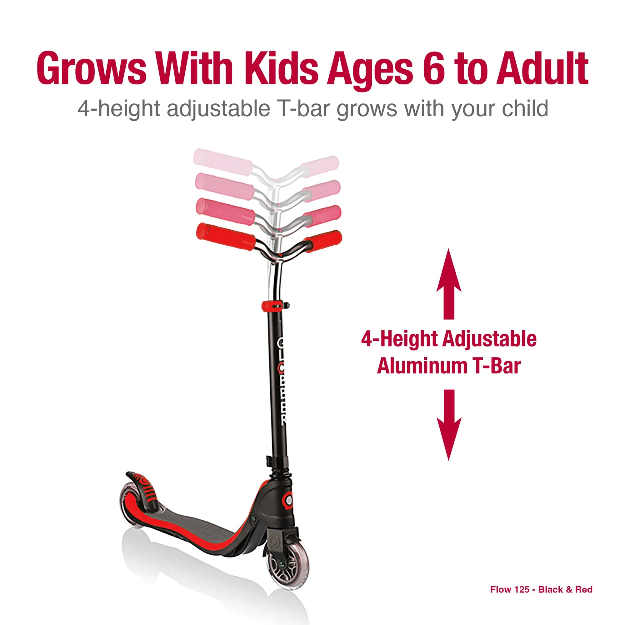 Globber flow 125 scooter black and red front right view demonstrating its 4 height adjustable aluminum t bar.