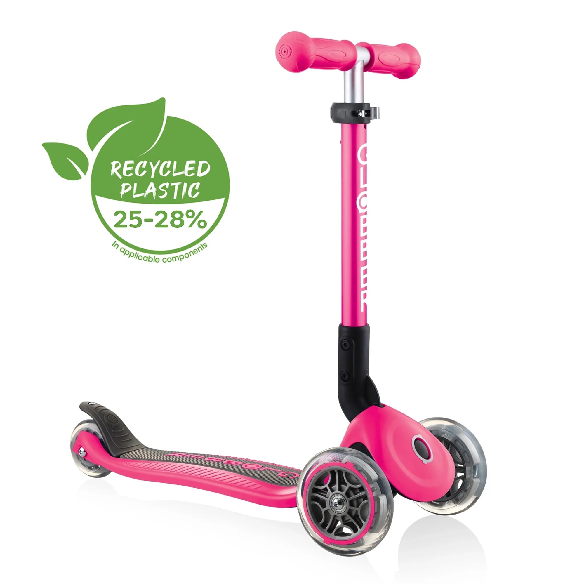 Globber junior foldable adjustable 3 wheel scooter deep pink with G R S eco friendly recycled plastic logo front right view.