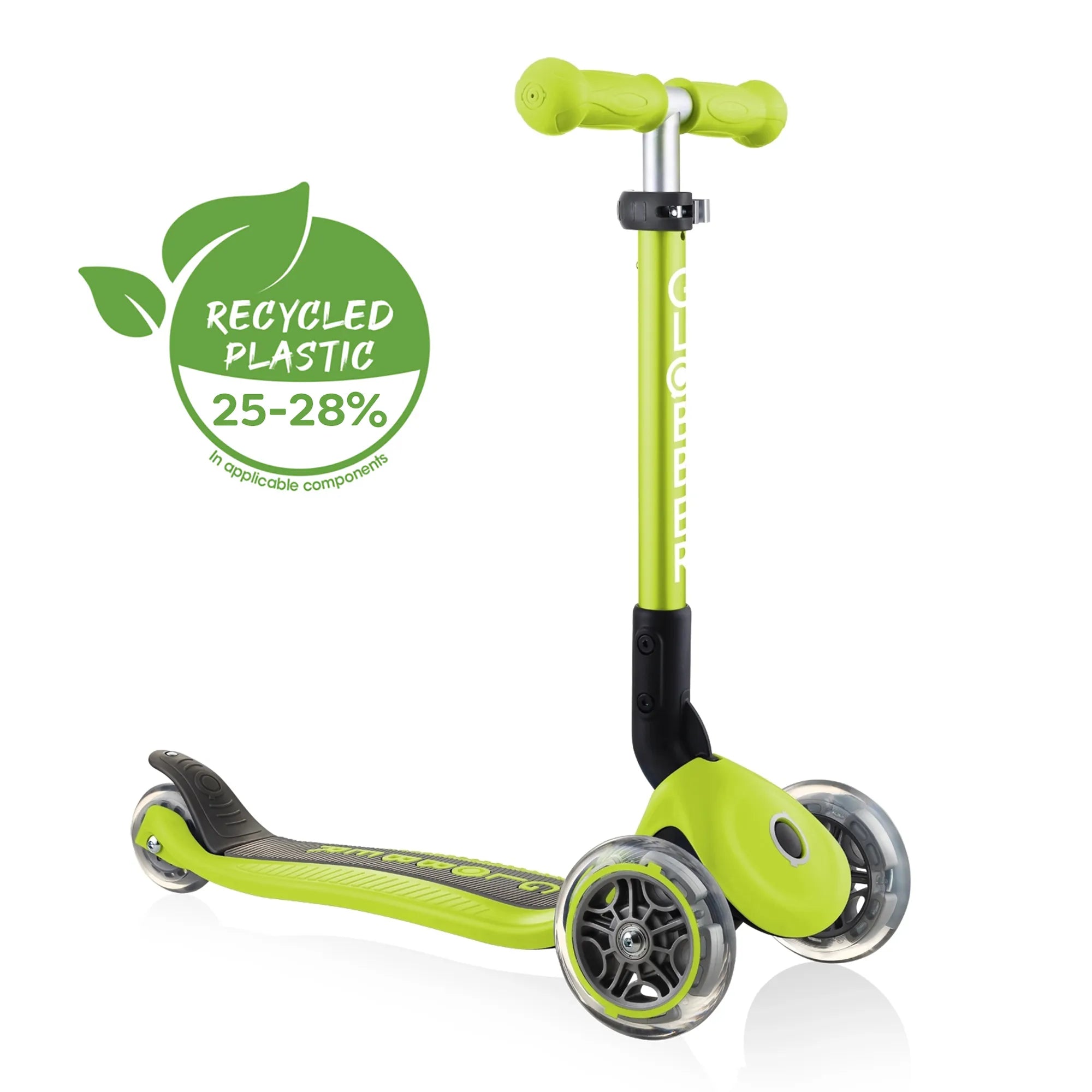 Globber junior foldable adjustable 3 wheel scooter lime green with G R S eco friendly recycled plastic logo front right view.