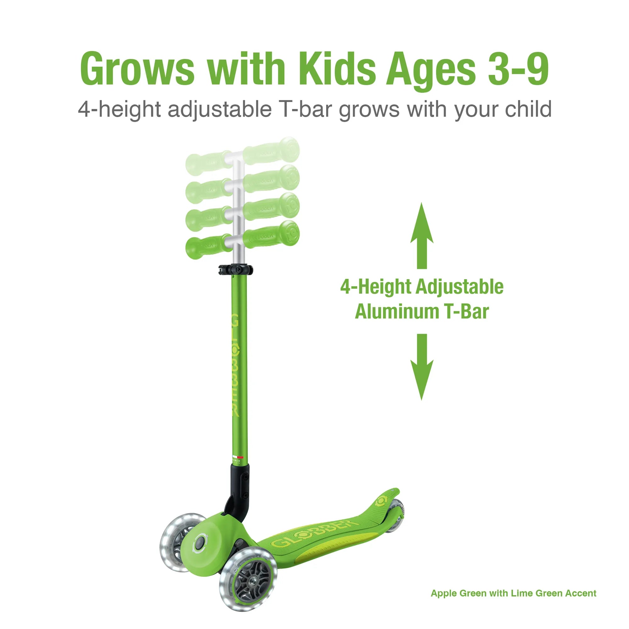 Globber Primo Foldable PLUS with Lights - Apple Green & Lime Green - Ages 3-9 - Brown's Hobby & Game