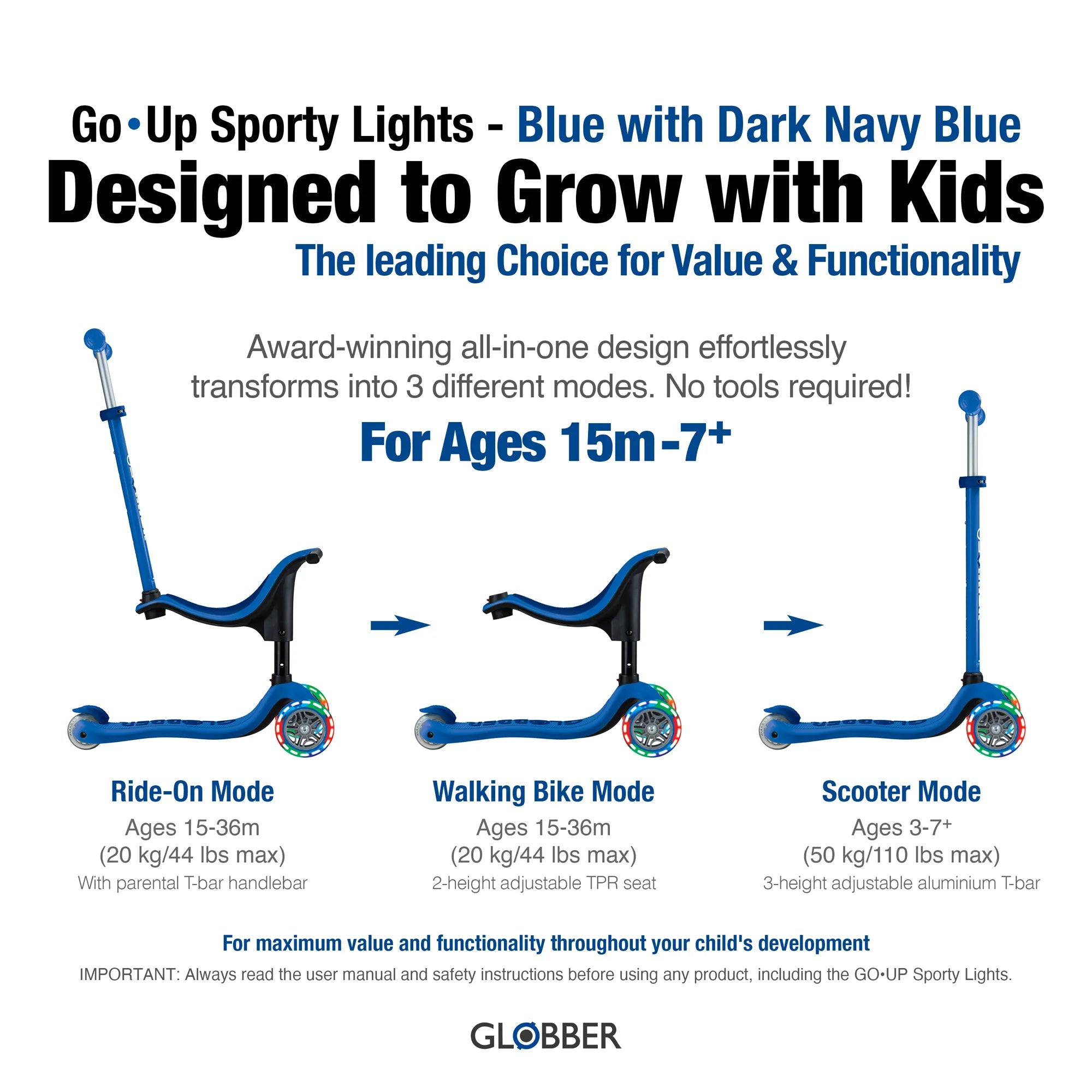 Globber GO•UP Sporty Lights - Blue & Dark Navy Blue - Award-Winning Fun - Ages 15m-7+ yrs - Brown's Hobby & Game