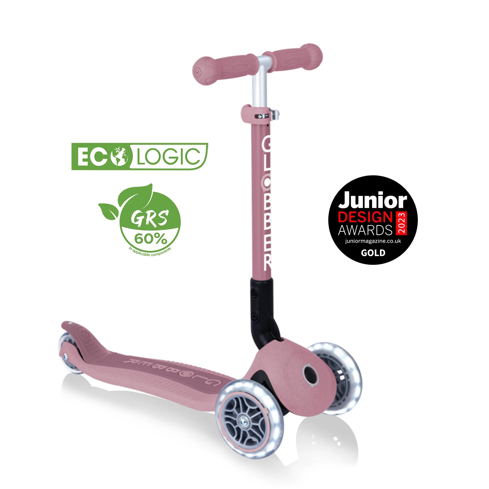 Globber junior foldable ecologic light up scooter with ecologic logo, G R S recycled plastic logo and 2023 design award logo.