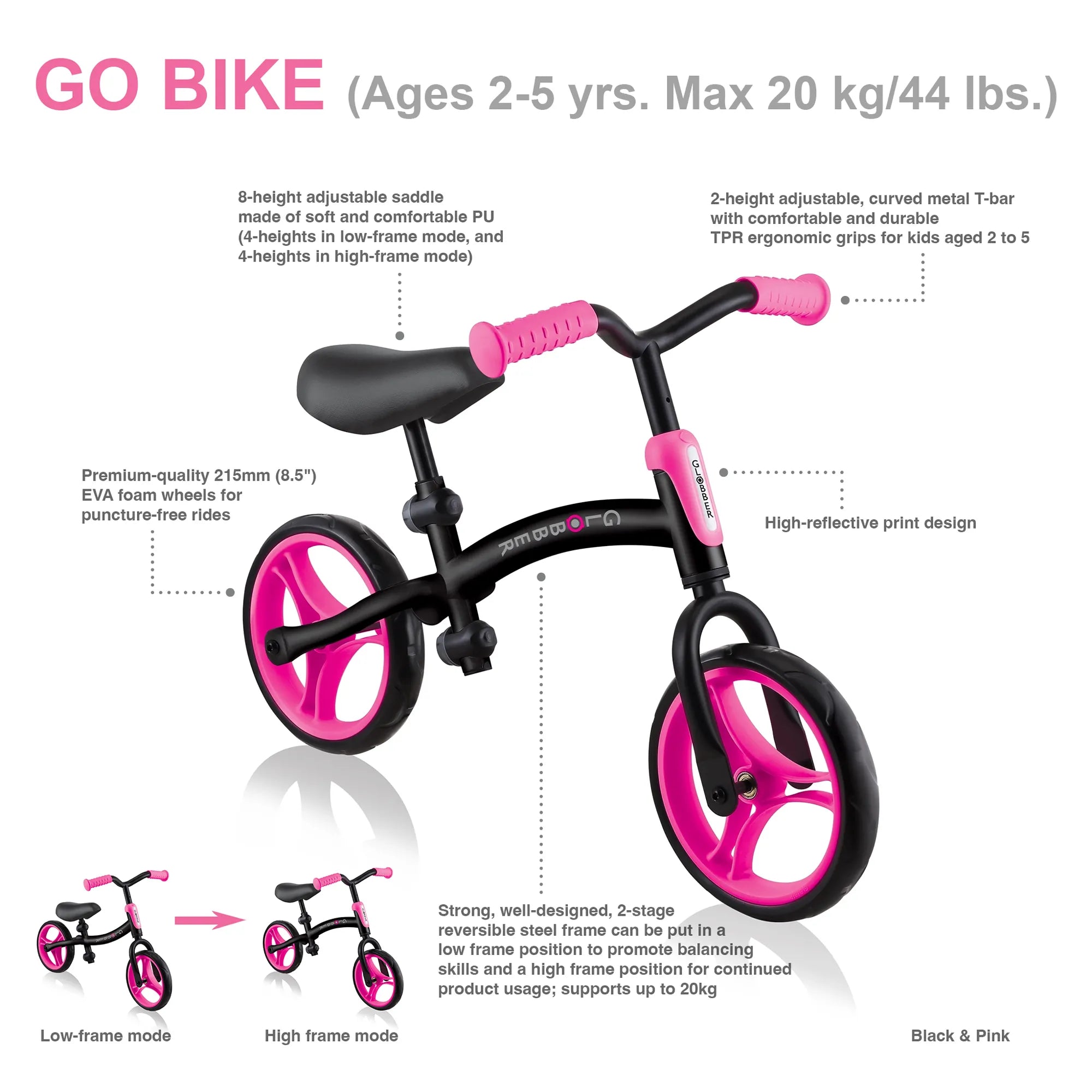 Globber Go Bike Balance Bike Black and Neon Pink Front View with Features
