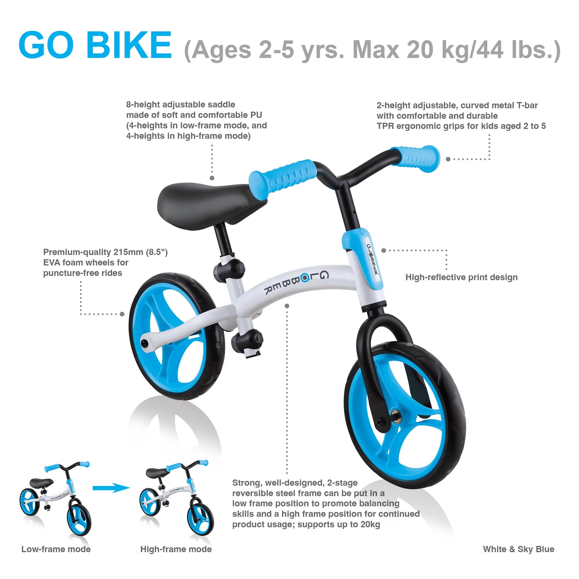 Globber Go Bike Balance Bike Black and Sky Blue Front View with Features