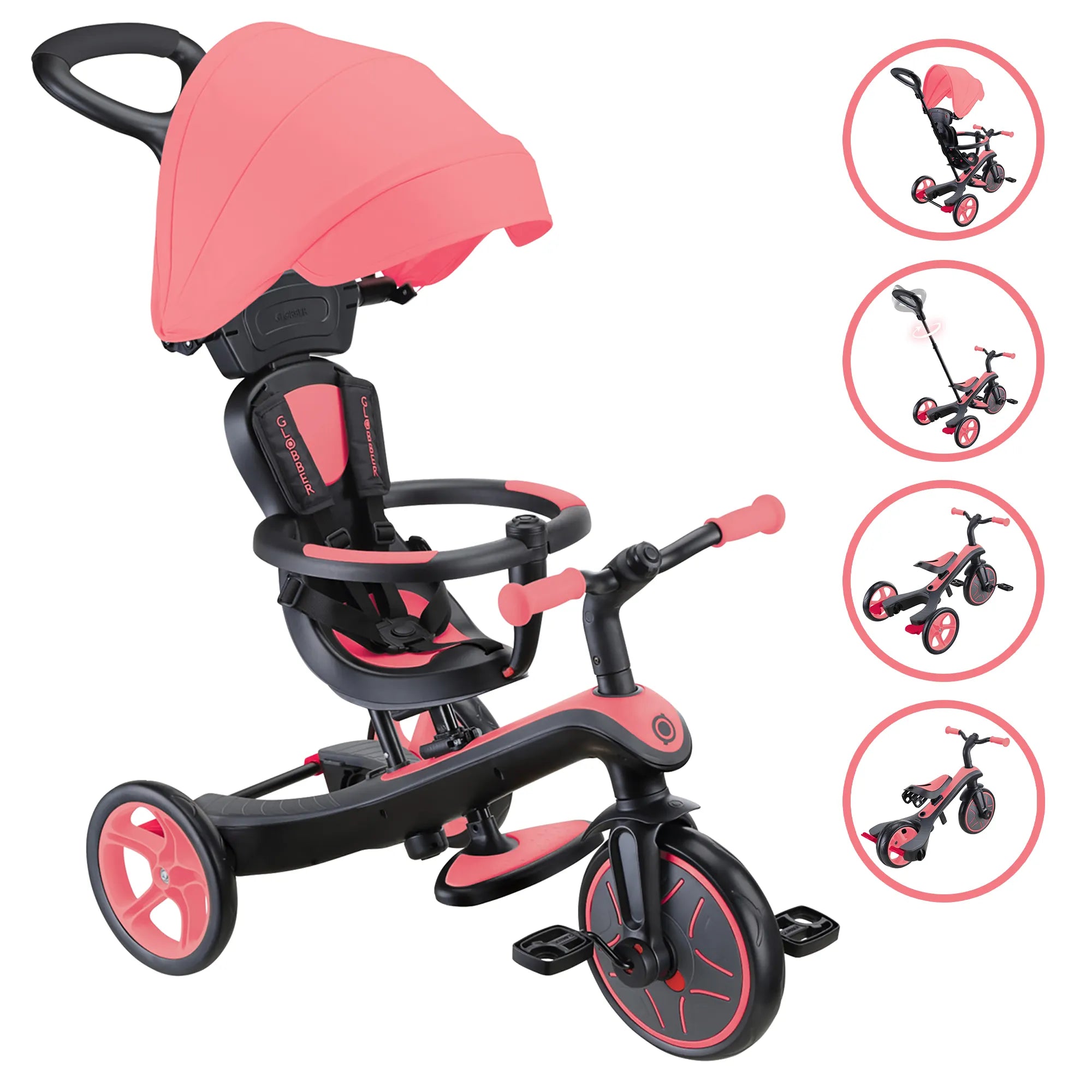 Explorer Trike 4 in 1 Infant Trike Guided Trike Learning Trike Balance Bike New Model Coral Pink Colour Front Rear Views