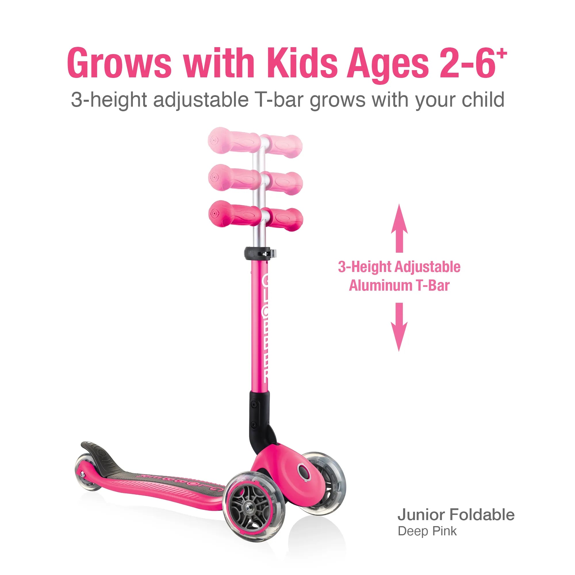 Globber junior foldable and adjustable 3 wheel scooter deep pink front right view displaying its 3 height adjustable t bar.