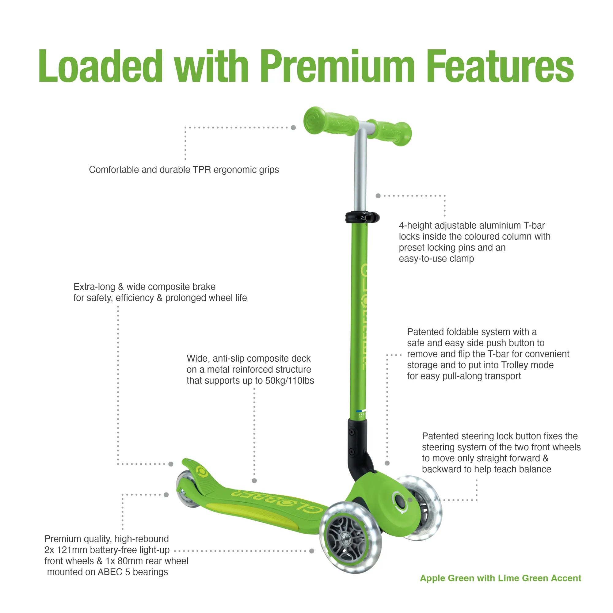 Globber Primo Foldable PLUS with Lights - Apple Green & Lime Green - Ages 3-9 - Brown's Hobby & Game