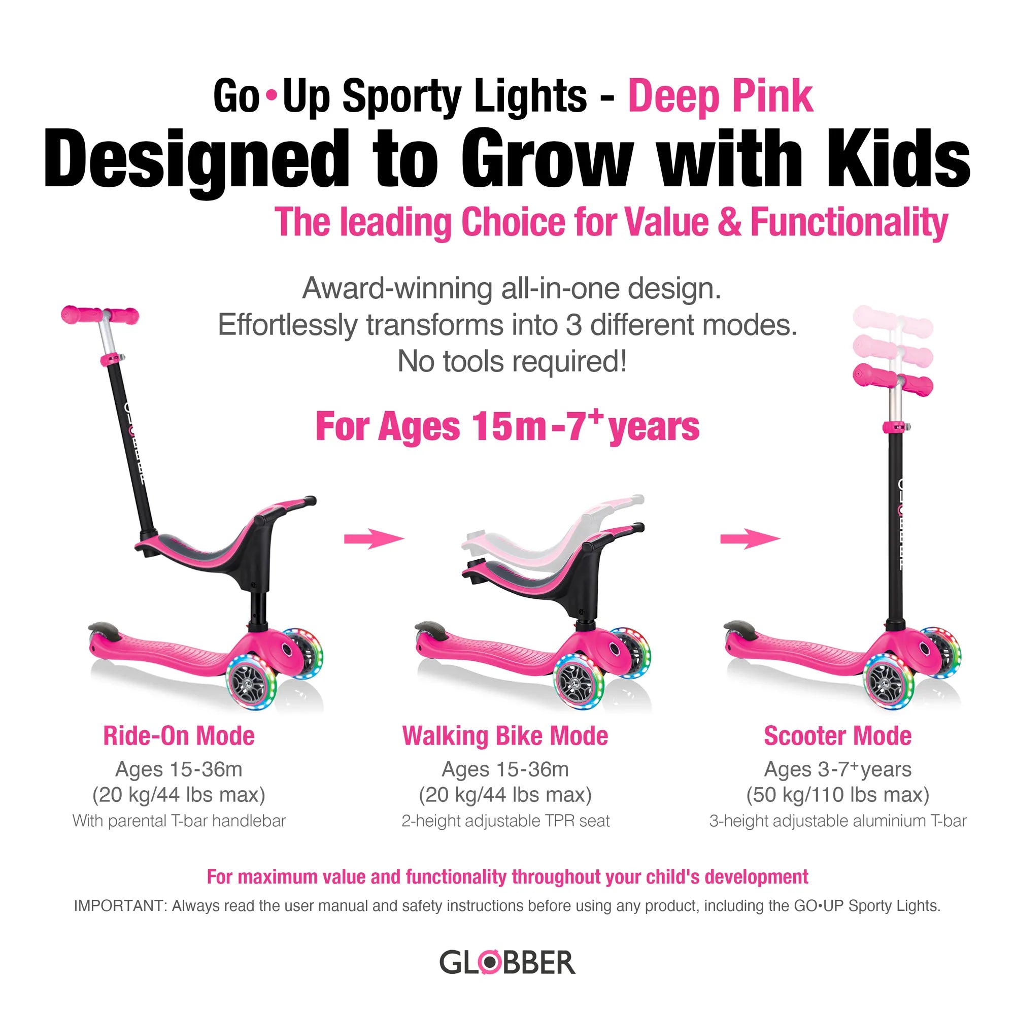 Globber GO•UP Sporty Lights - Deep Pink - Ages 15m-7+ yrs - Brown's Hobby & Game