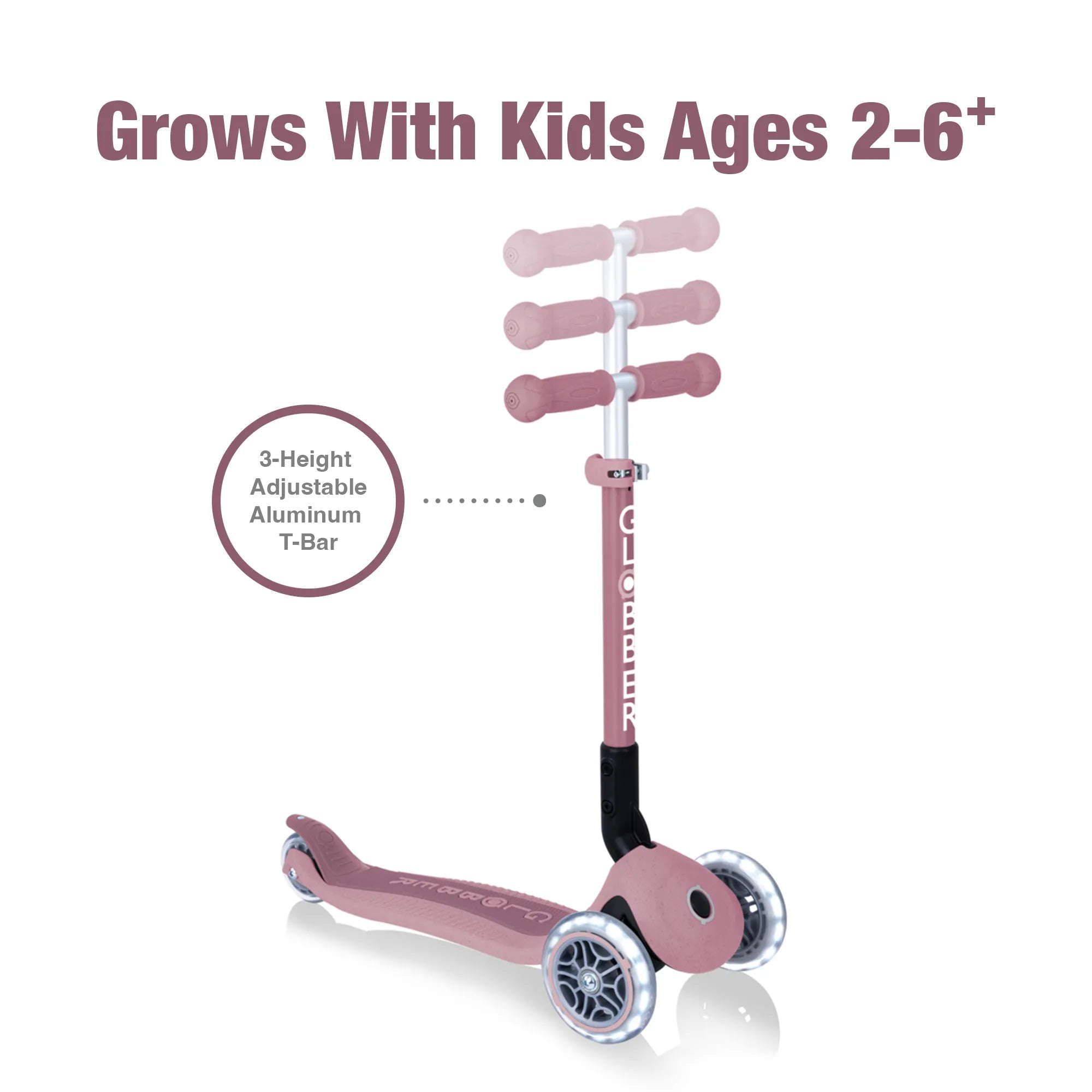 Globber junior foldable ecologic 3 wheel scooter berry pink front right view displaying its 3 height adjustable t bar.