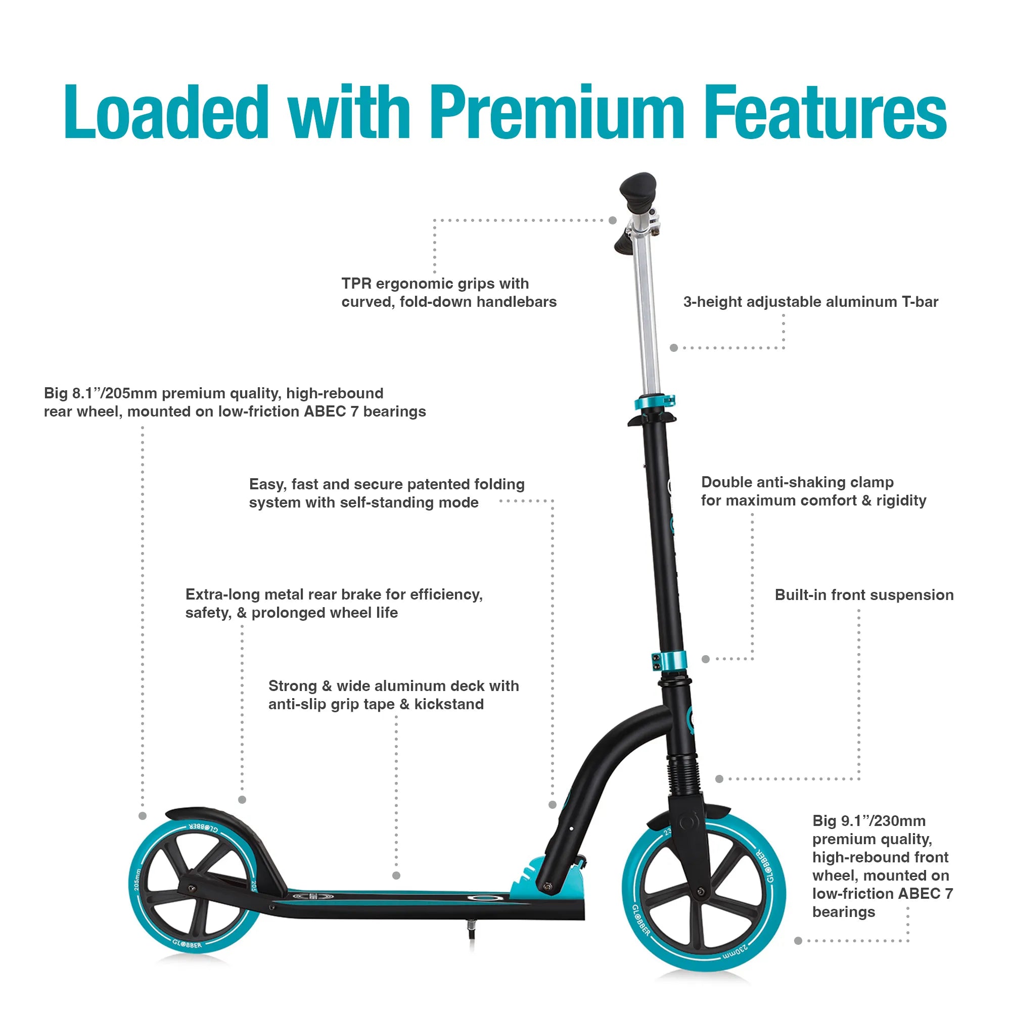 Globber NL 230-205 Duo - Premium Big Wheel Scooter - Adjustable & Foldable - Black & Teal - Ages 14-Adult