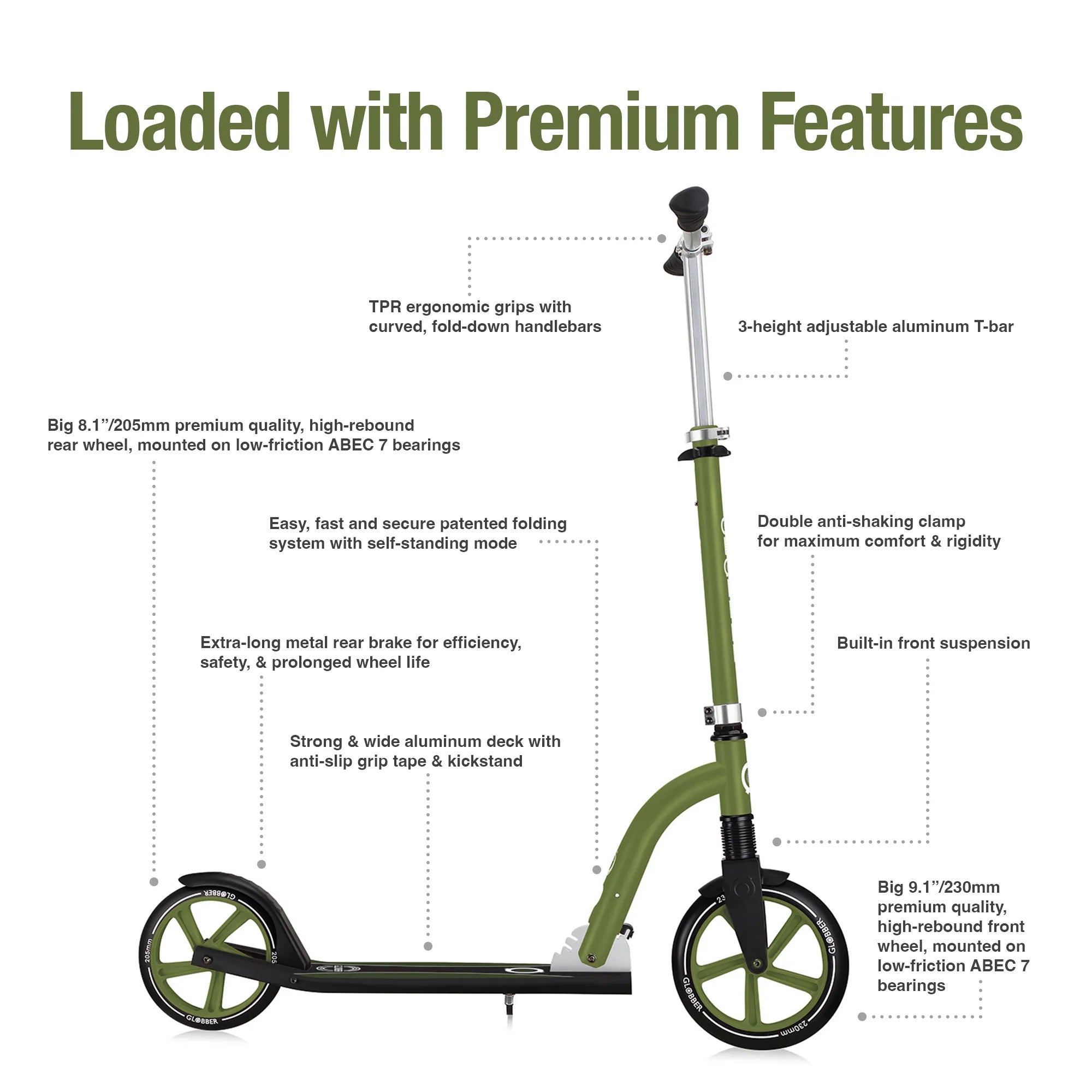 Globber NL 230-205 Duo - Premium Big Wheel Scooter - Adjustable & Foldable - Khaki Green - Ages 14-Adult