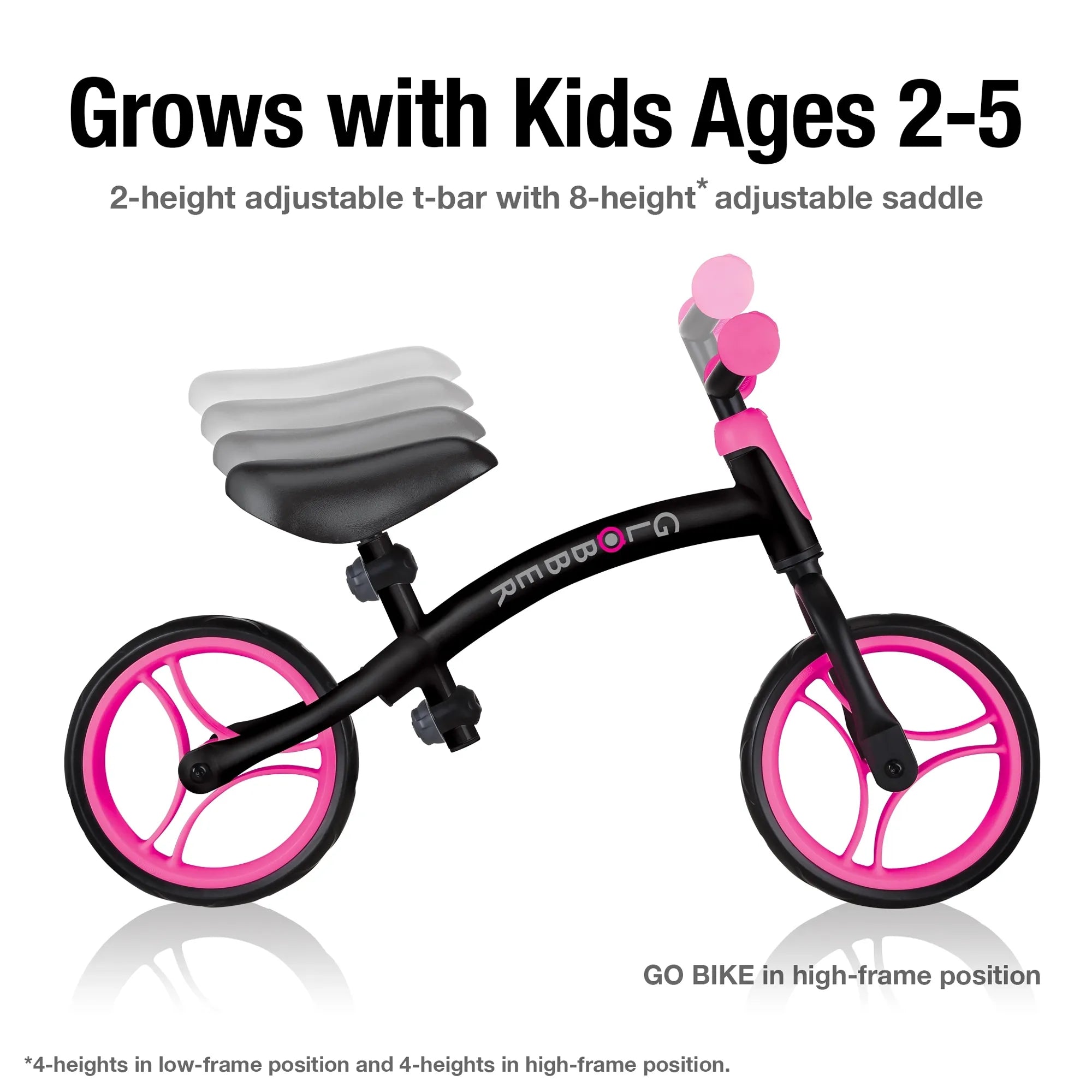 Globber Go Bike Balance Bike Black and Neon Pink Side View High Frame Option with Adjustable Seat and Handlebars