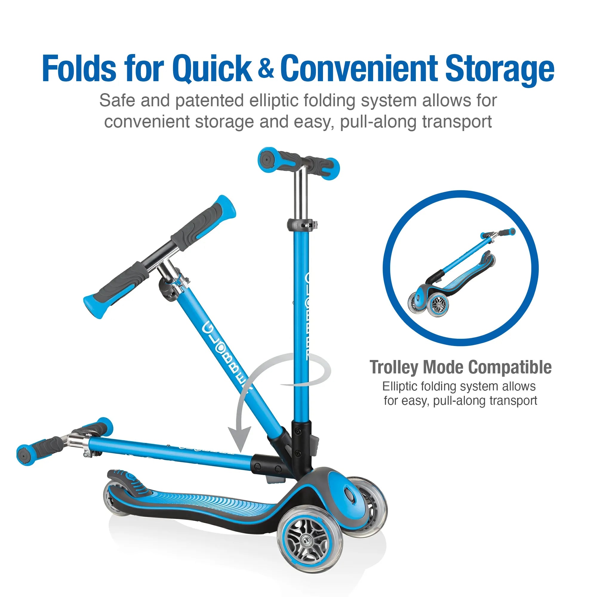 Globber elite deluxe sky blue front right view of folded t bar with inset image displaying it in pull along trolley mode.