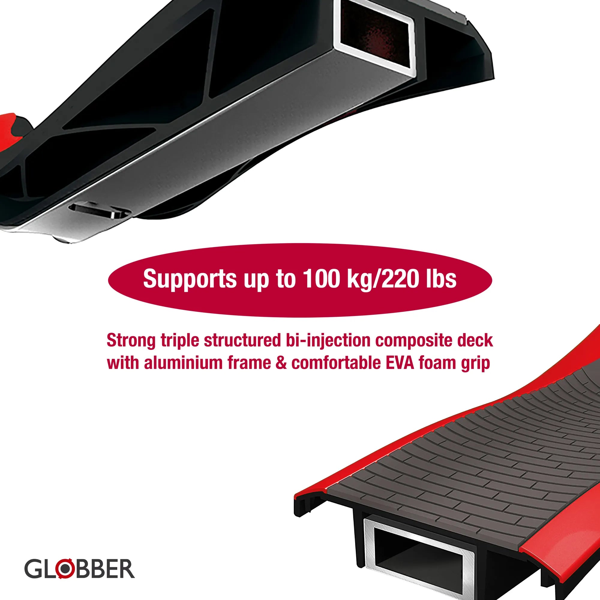 Globber flow 125 black and red close up views of its strong aluminum anti slip deck that supports 220 pounds.