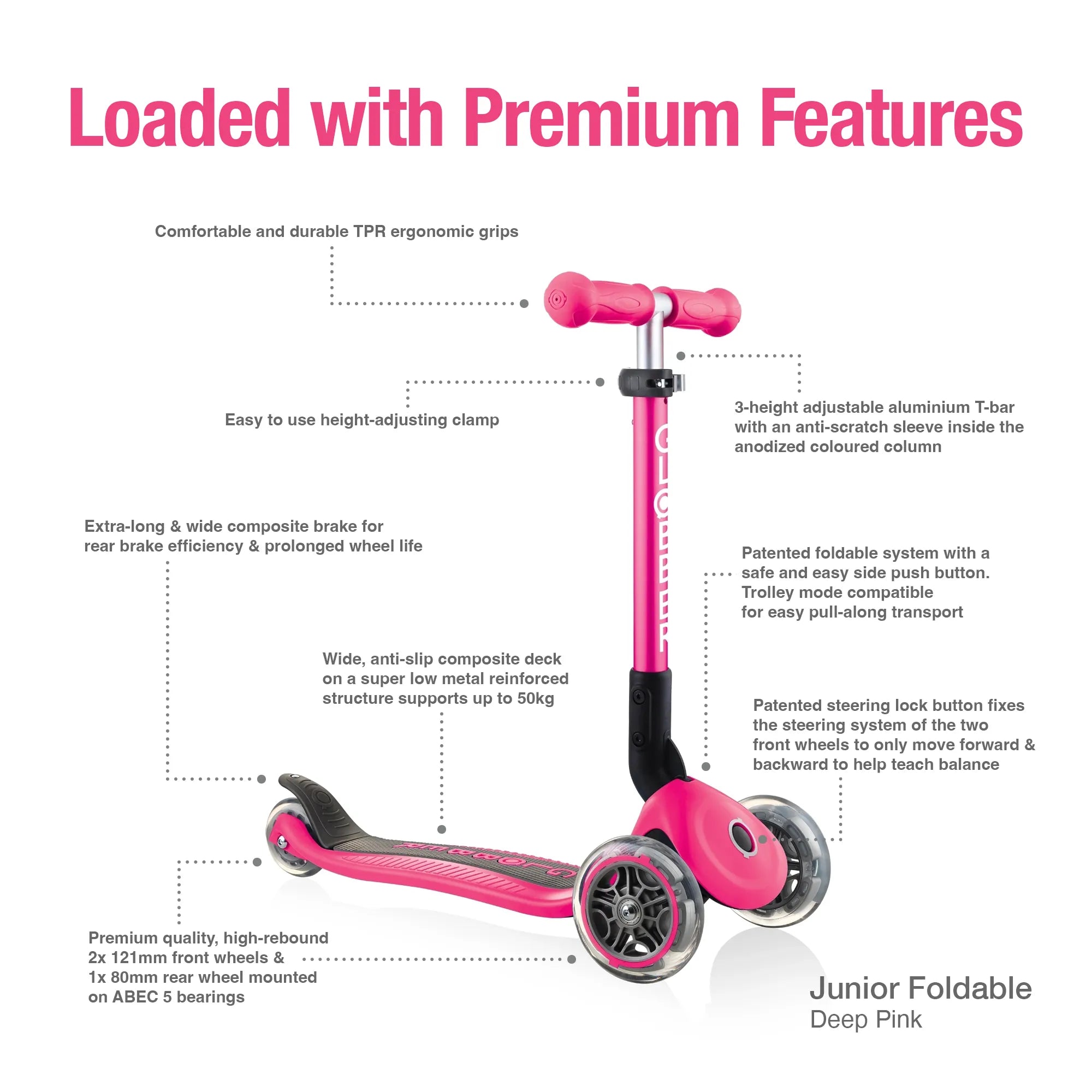 Globber junior foldable and adjustable 3 wheel scooter deep pink front right view listing its many premium features.