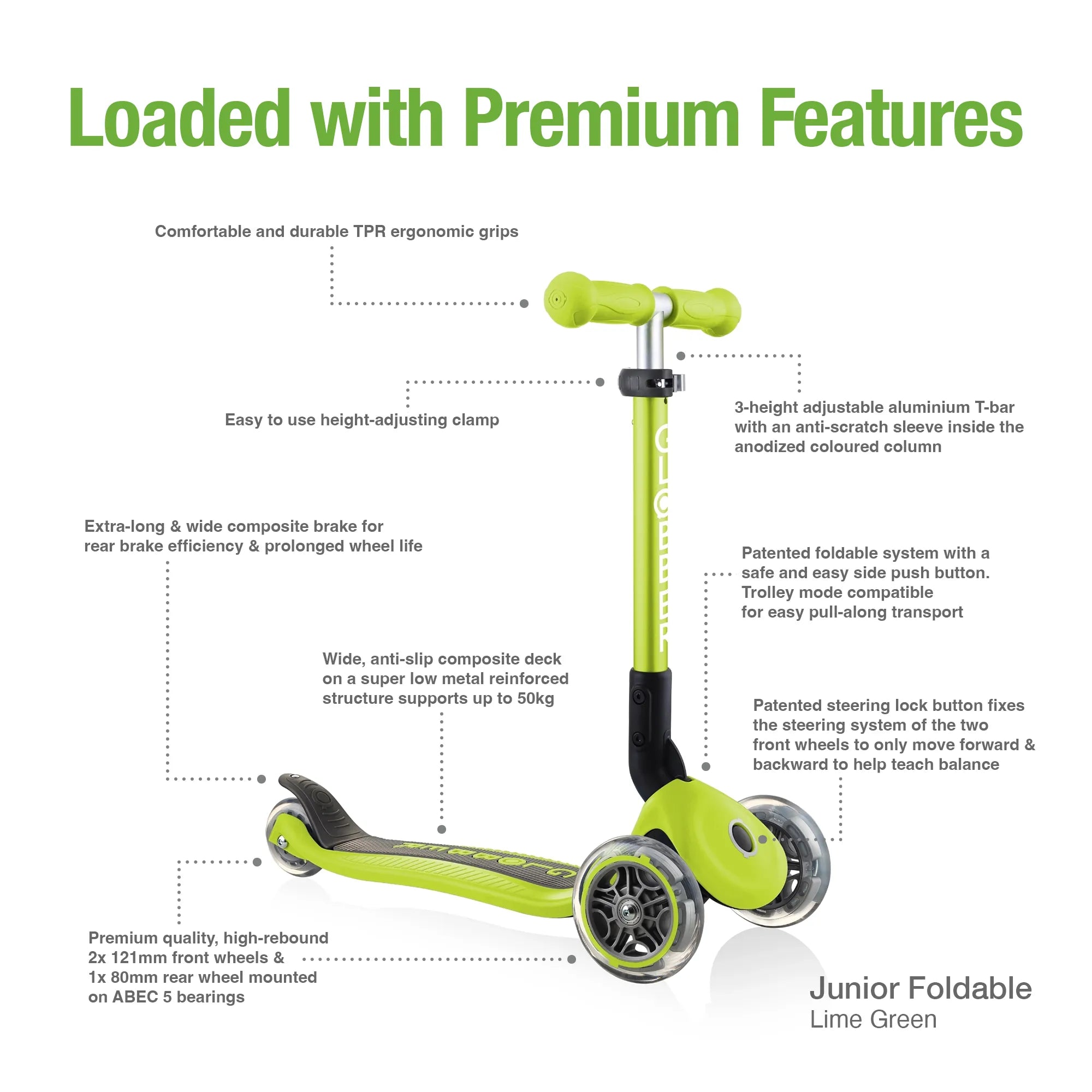 Globber junior foldable and adjustable 3 wheel scooter lime green front right view listing its many premium features.