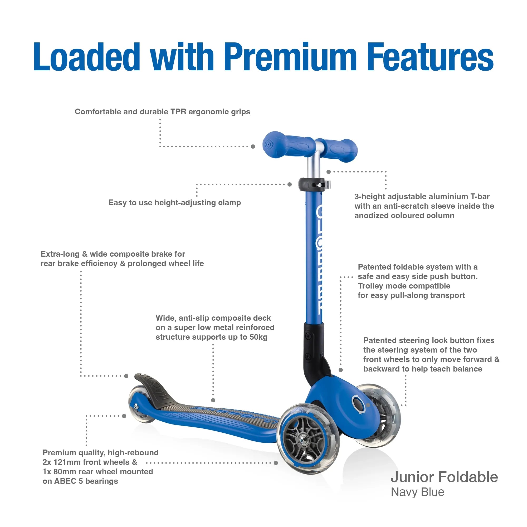 Globber junior foldable and adjustable 3 wheel scooter navy blue front right view listing its many premium features.