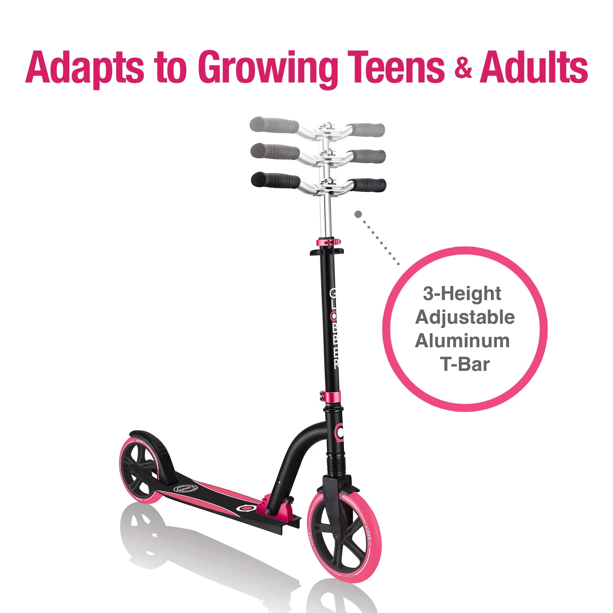 Globber NL 230-205 Duo - Premium Big Wheel Scooter - Adjustable & Foldable - Black & Pink - Ages 14-Adult