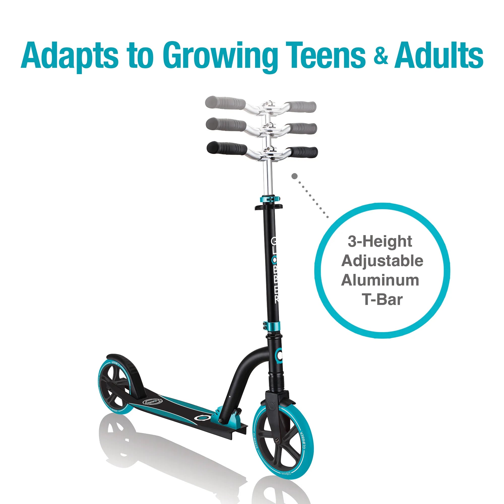 Globber NL 230-205 Duo - Premium Big Wheel Scooter - Adjustable & Foldable - Black & Teal - Ages 14-Adult