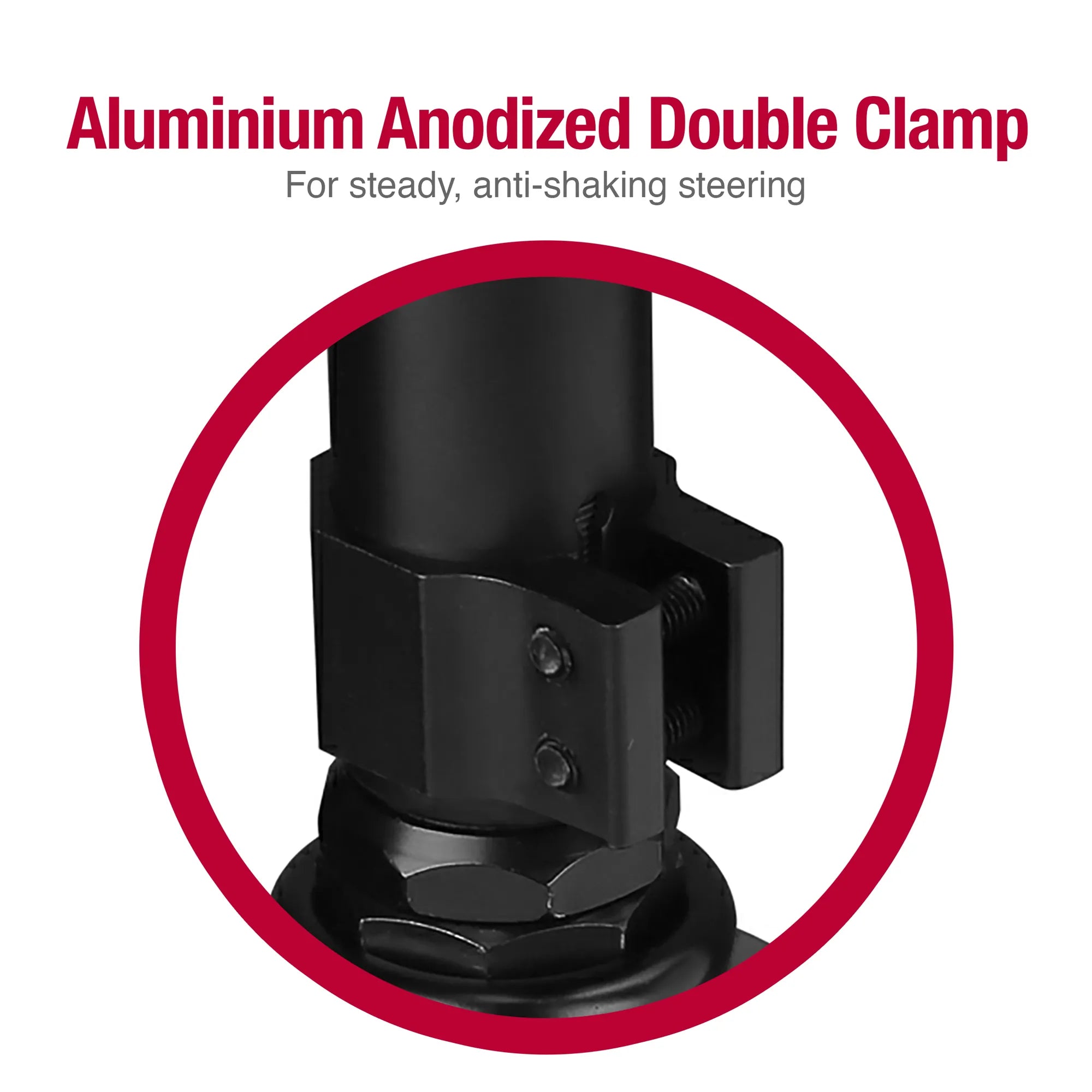 Globber flow 125 black and red close up view of its aluminum double clamp providing steady anti shaking steering.