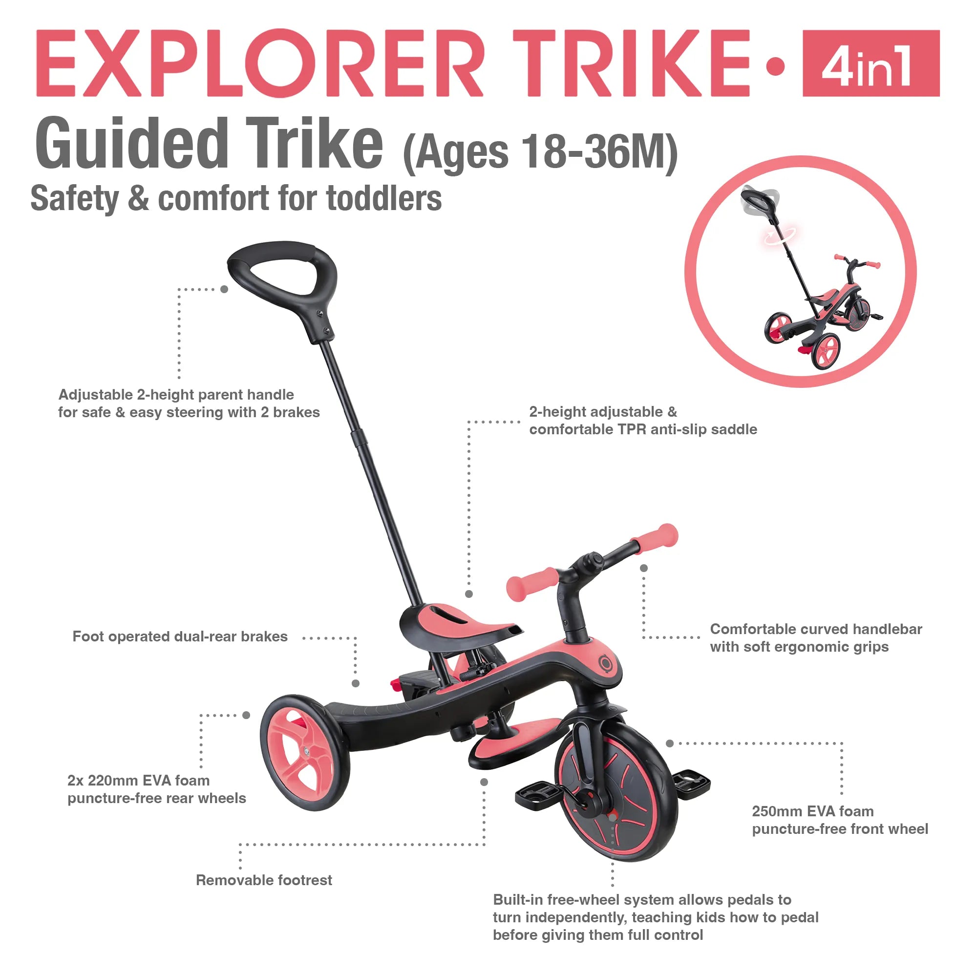 Globber Explorer Trike 4 in 1 Guided Trike Mode Key Features New Model Coral Pink Colour Front Right and Back Views