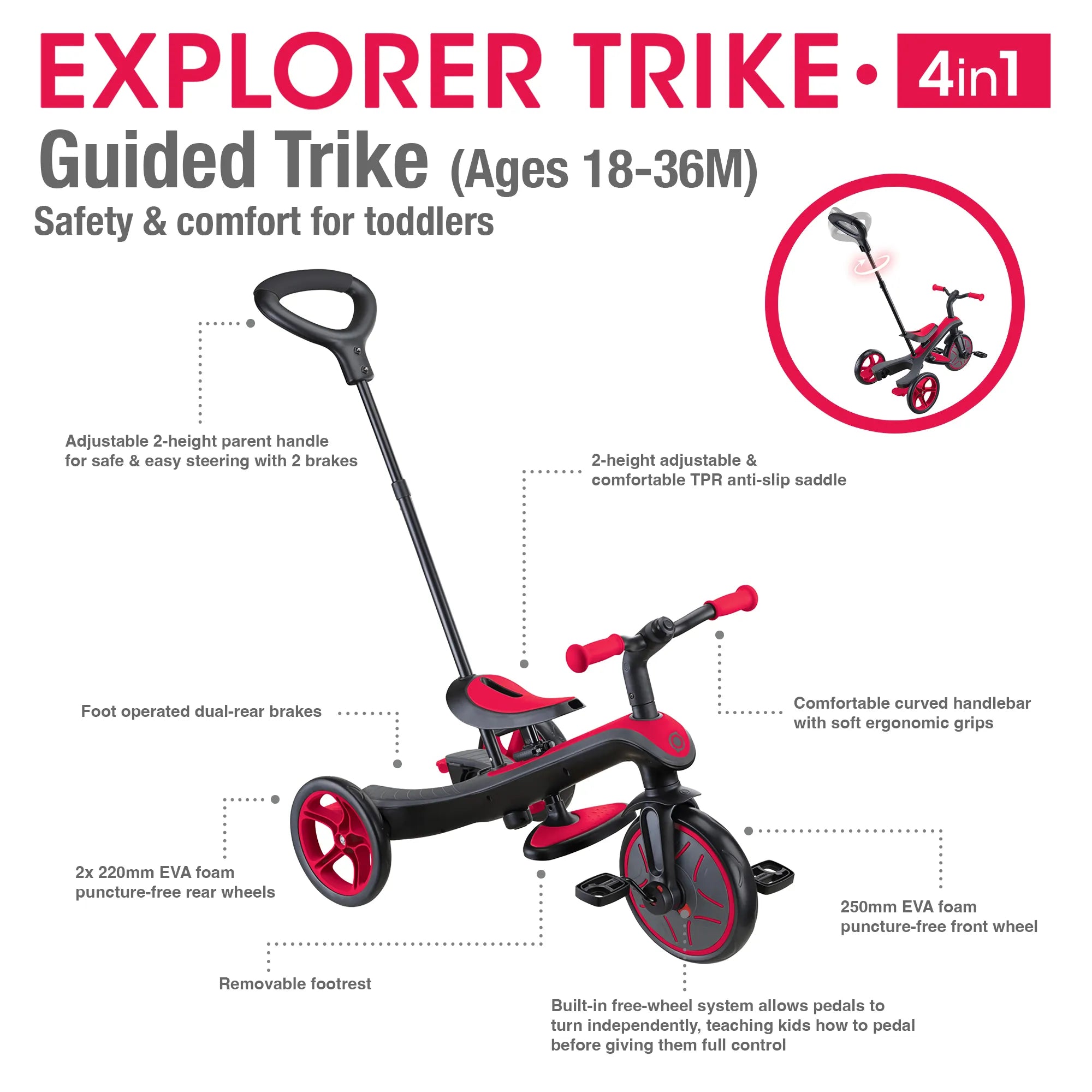 Globber Explorer Trike 4 in 1 Guided Trike Mode Key Features New Model New Red Colour Front Right and Back Views