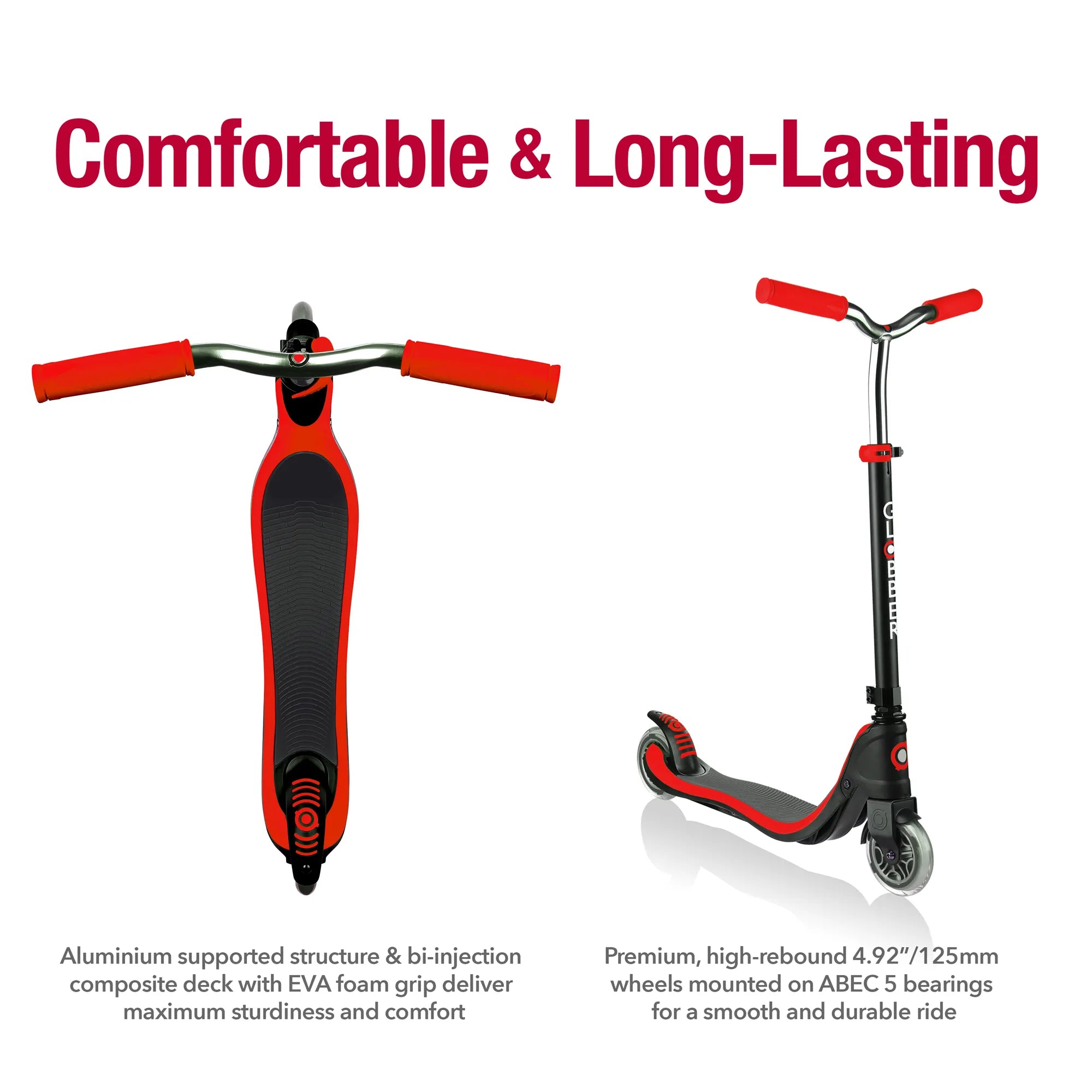 Globber flow 125 black and red overhead view and front left view featuring its deck and premium smooth running wheels.