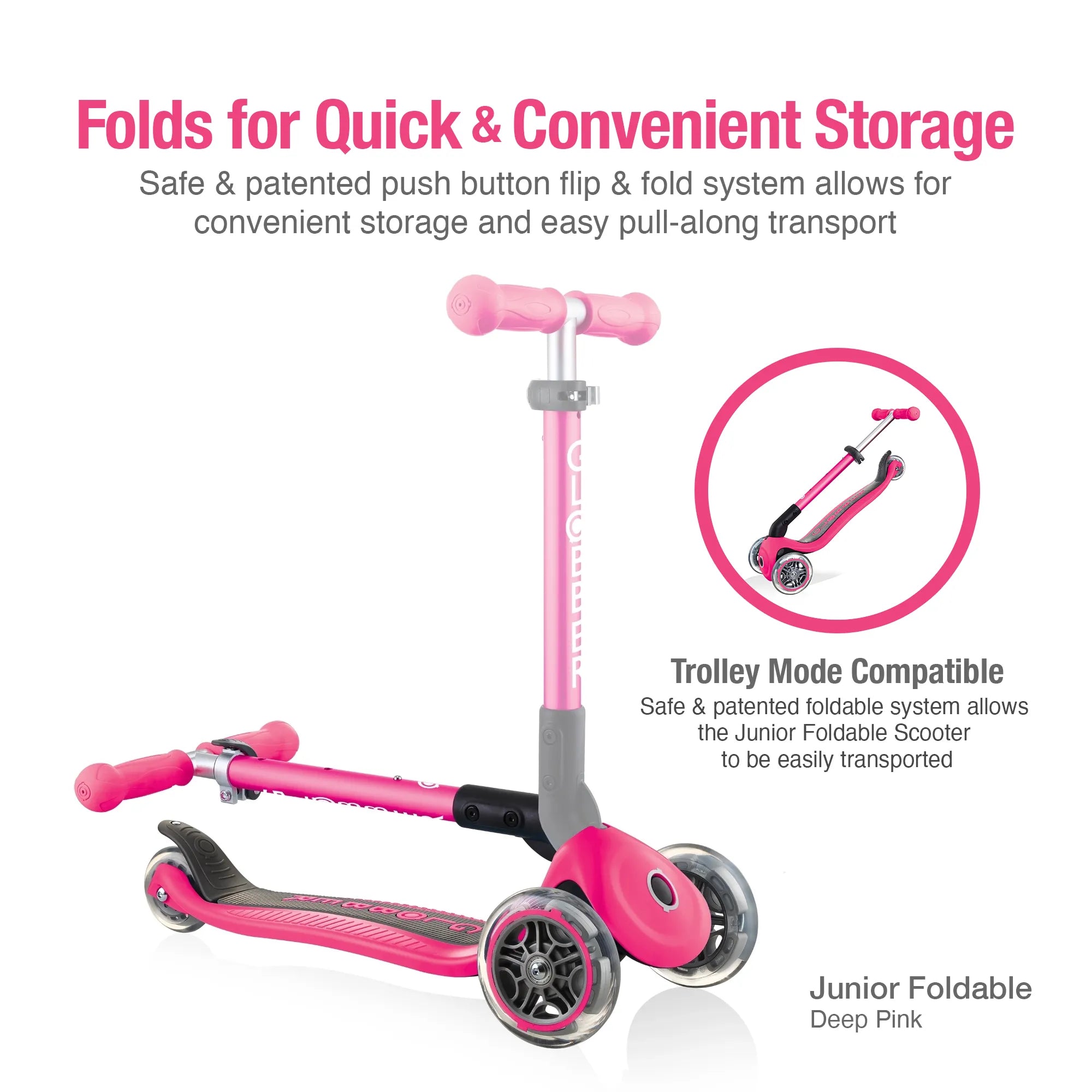 Globber junior foldable deep pink front right view of folded t bar with inset image displaying it in pull along trolley mode.